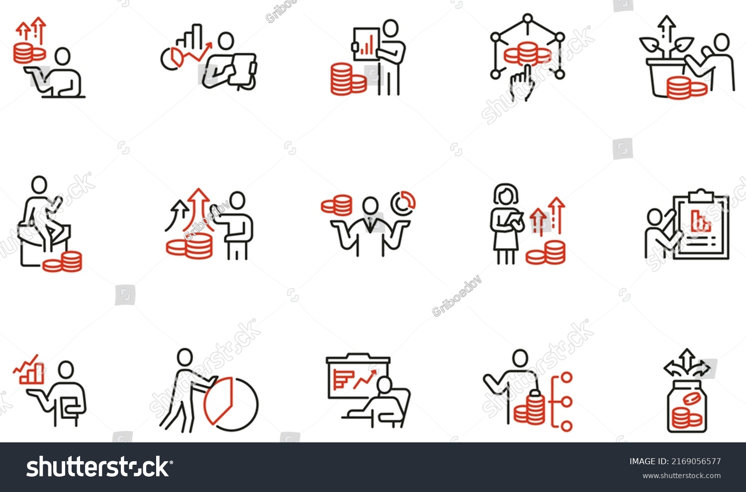 SVG of Vector set of linear icons related to finance management, budget allocation and investment strategy. Mono line pictograms and infographics design elements svg