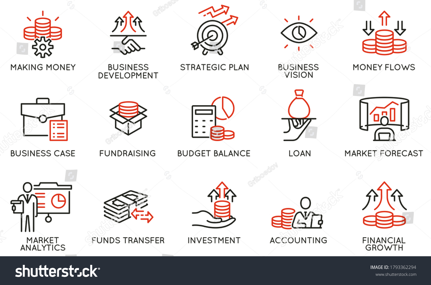 SVG of Vector set of linear icons related to finance management, trade service and investment strategy. Mono line pictograms and infographics design elements svg
