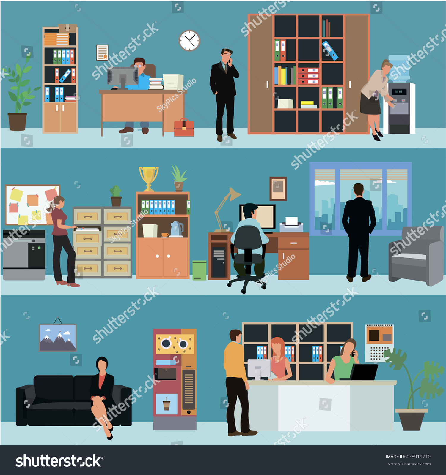 stock vector vector set of office interior banners in flat style design business people and office workers 478919710