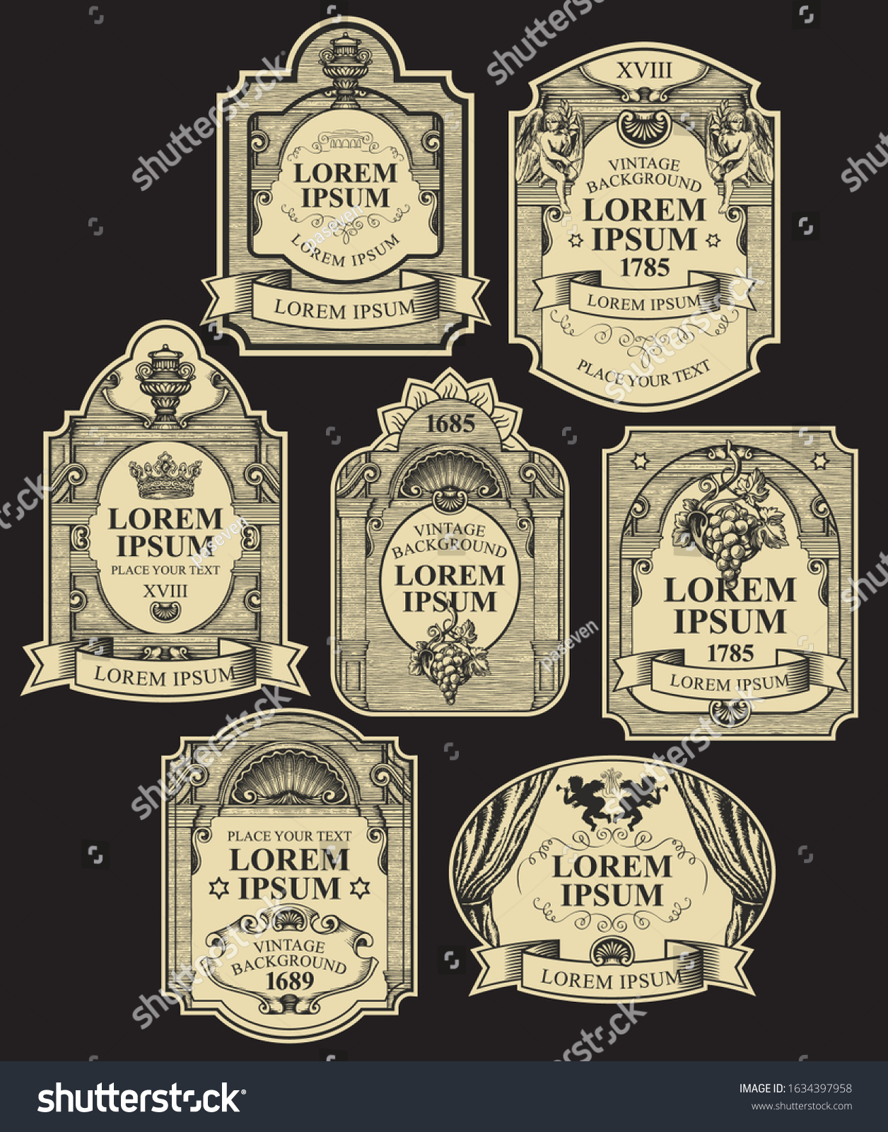 SVG of Vector set of ornate hand-drawn labels on the black background. Collection of vintage labels decorated by ribbons, crowns, angels, curls in figured frames with place for text and logo svg