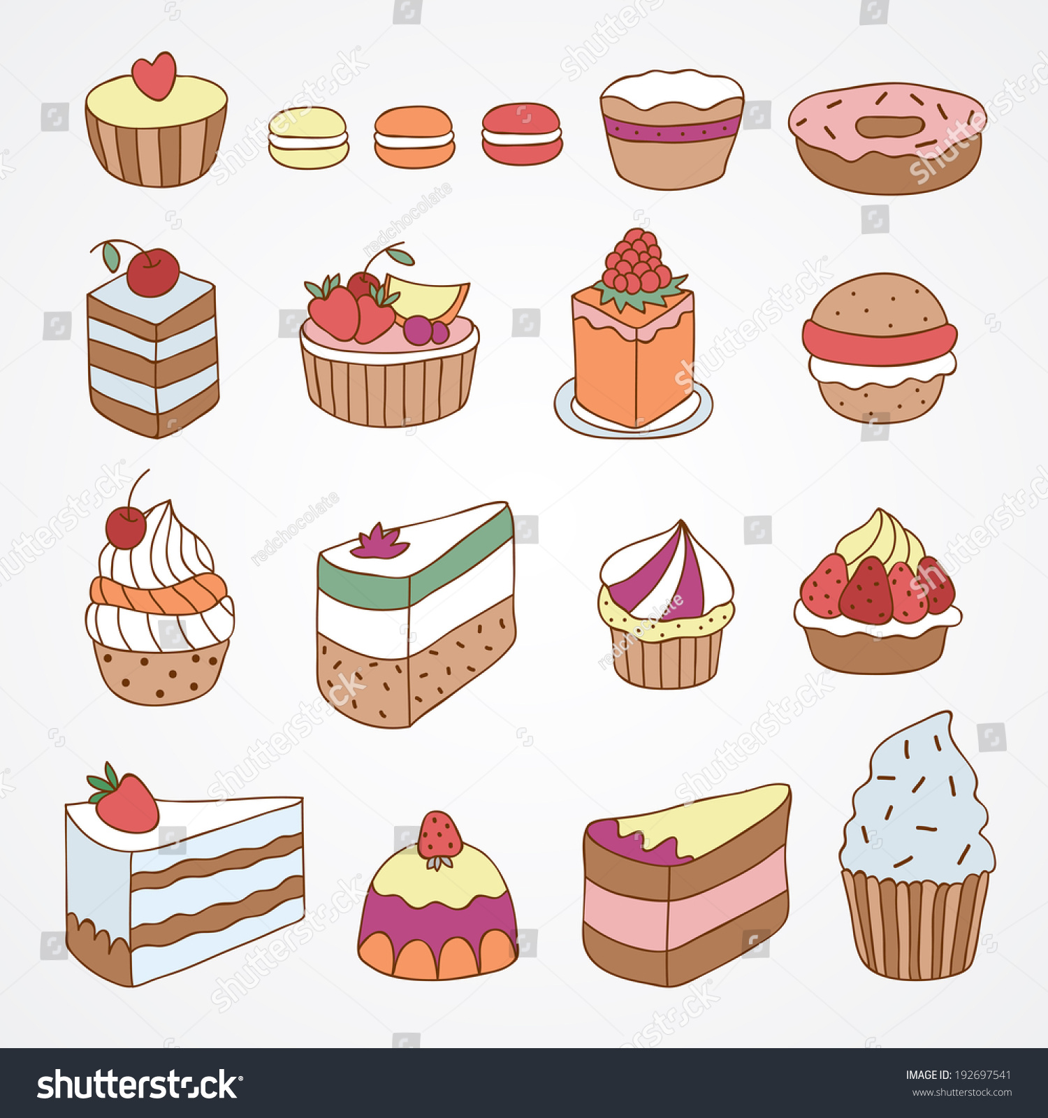 Vector Set Of Outline Hand Drawn Sweet Cakes Tarts Pie Donut Cupcakes ...