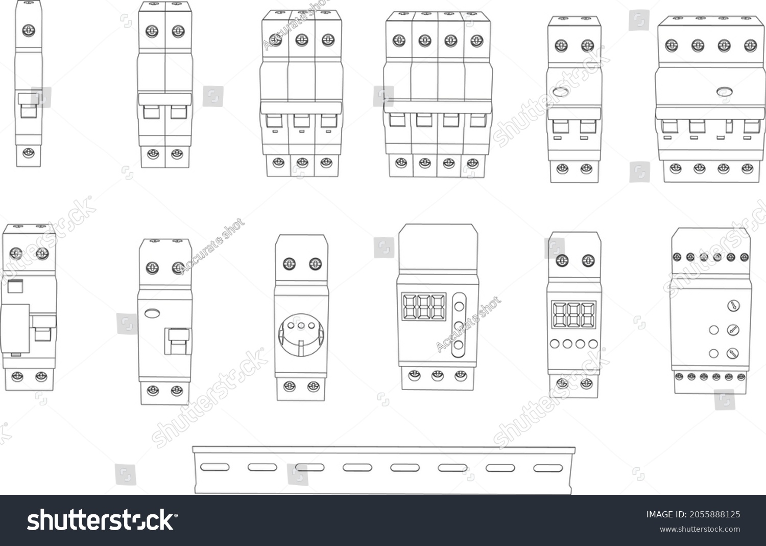 SVG of Vector set of outline switchboard elements for fuse control box - safety circuit breaker, relay, residual current circuit breaker. Front view svg
