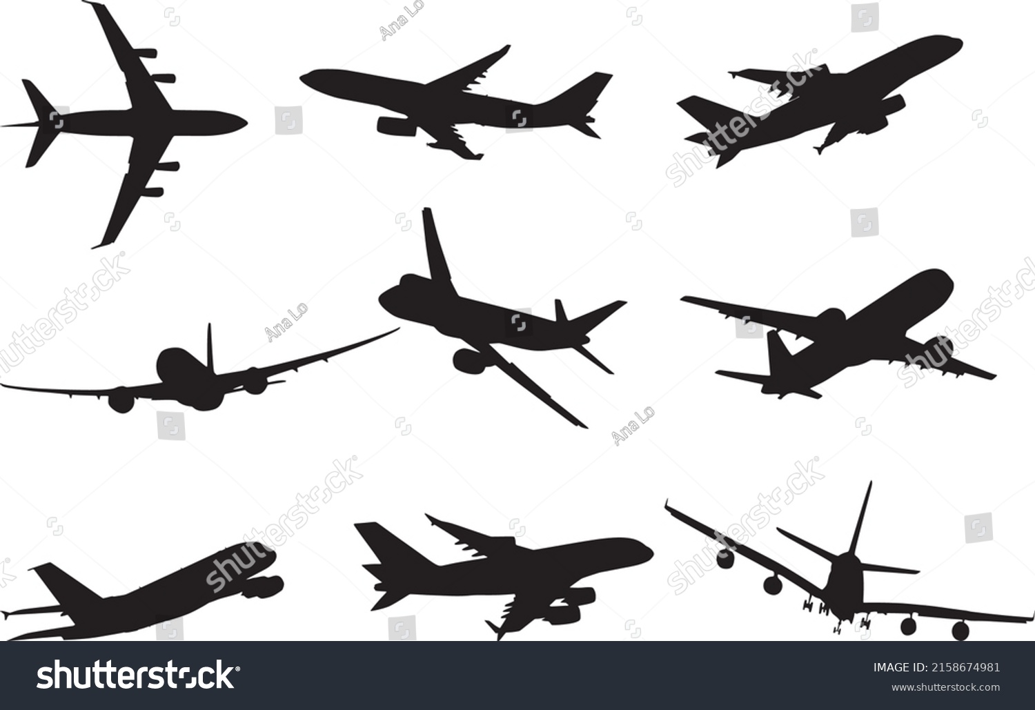 SVG of Vector set of passenger aircraft silhouettes. Shadows of iron birds, airplanes, air liners. svg