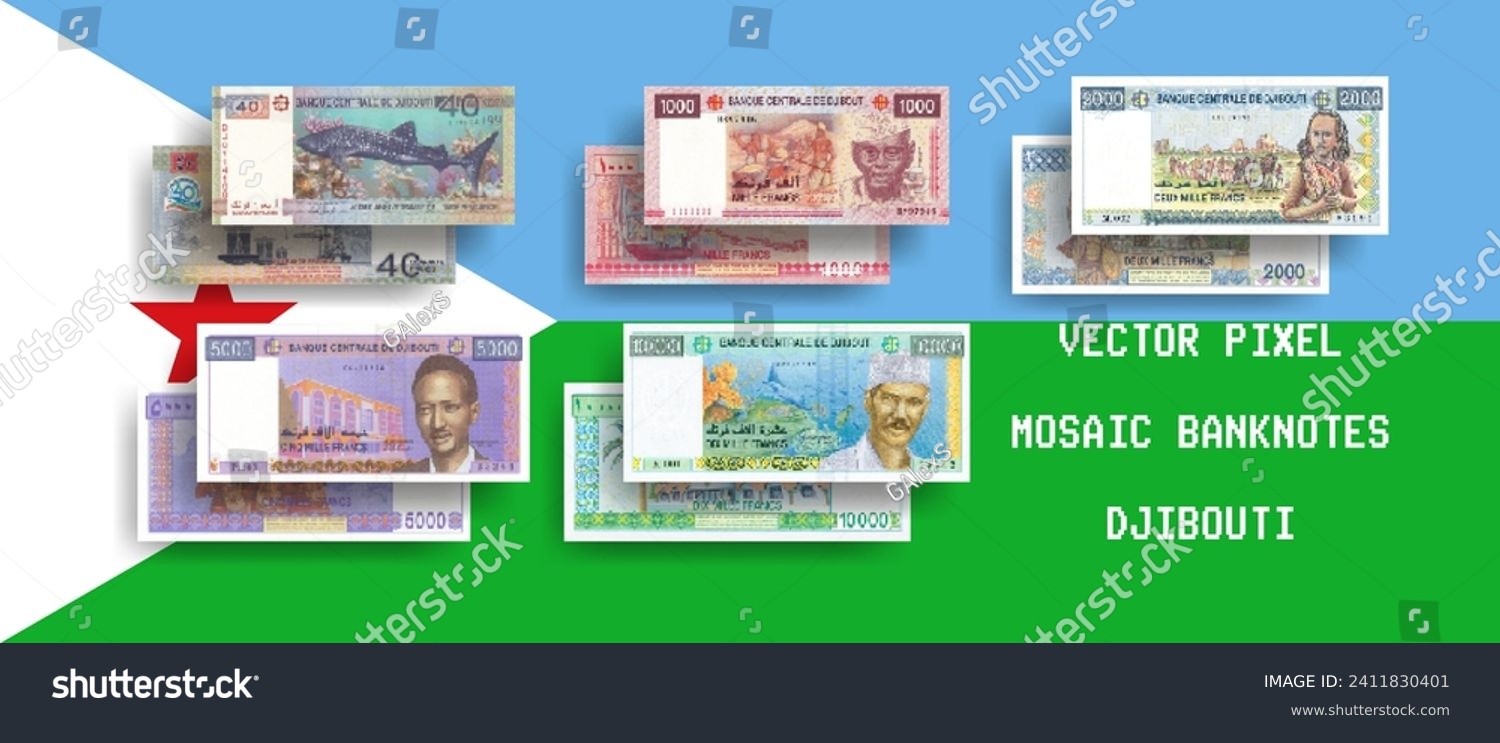 SVG of Vector set of pixel mosaic banknotes of Djibouti. Collection of notes in denominations of 40, 1000, 2000, 5000 and 10000 francs. Obverse and reverse. Play money or flyers. svg