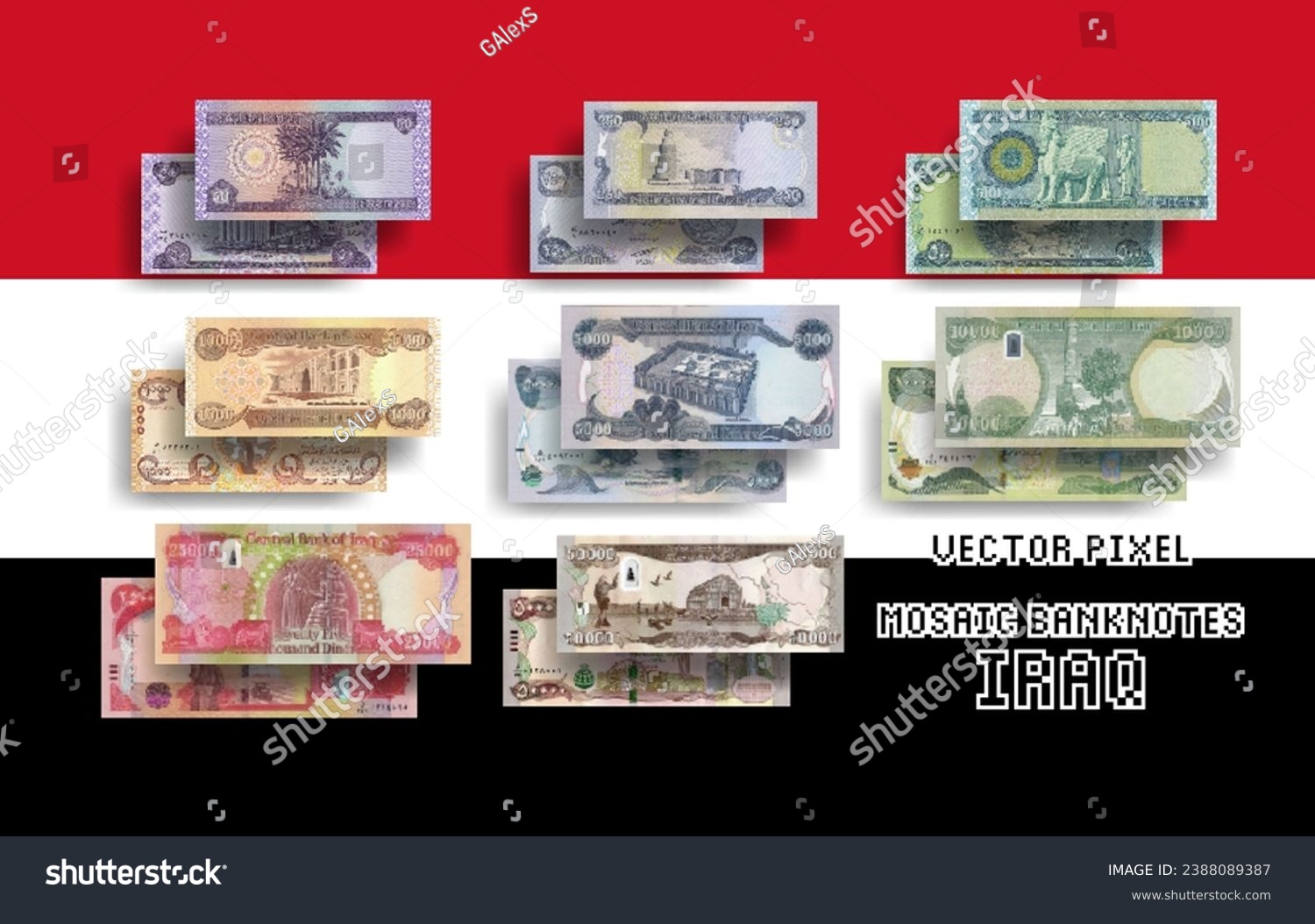 SVG of Vector set of pixel mosaic banknotes of Iraq. Collection of bills in denominations of 50, 250, 500, 1000, 5000, 10000, 25000 and 50000 Iraqi dinars. Play money or flyers. svg
