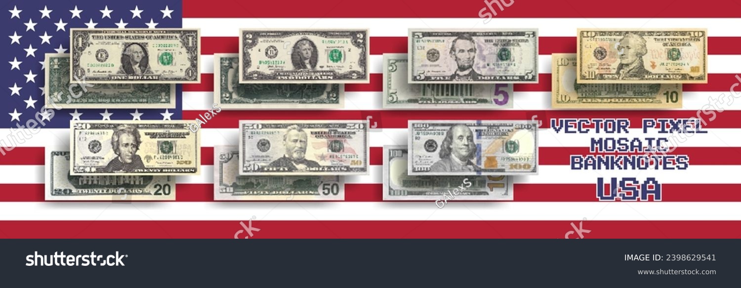 SVG of Vector set of pixel mosaic US banknotes. Collection of notes in denominations of 1, 2, 5, 10, 20, 50 and 100 dollars. Obverse and reverse. Play money or flyers. svg