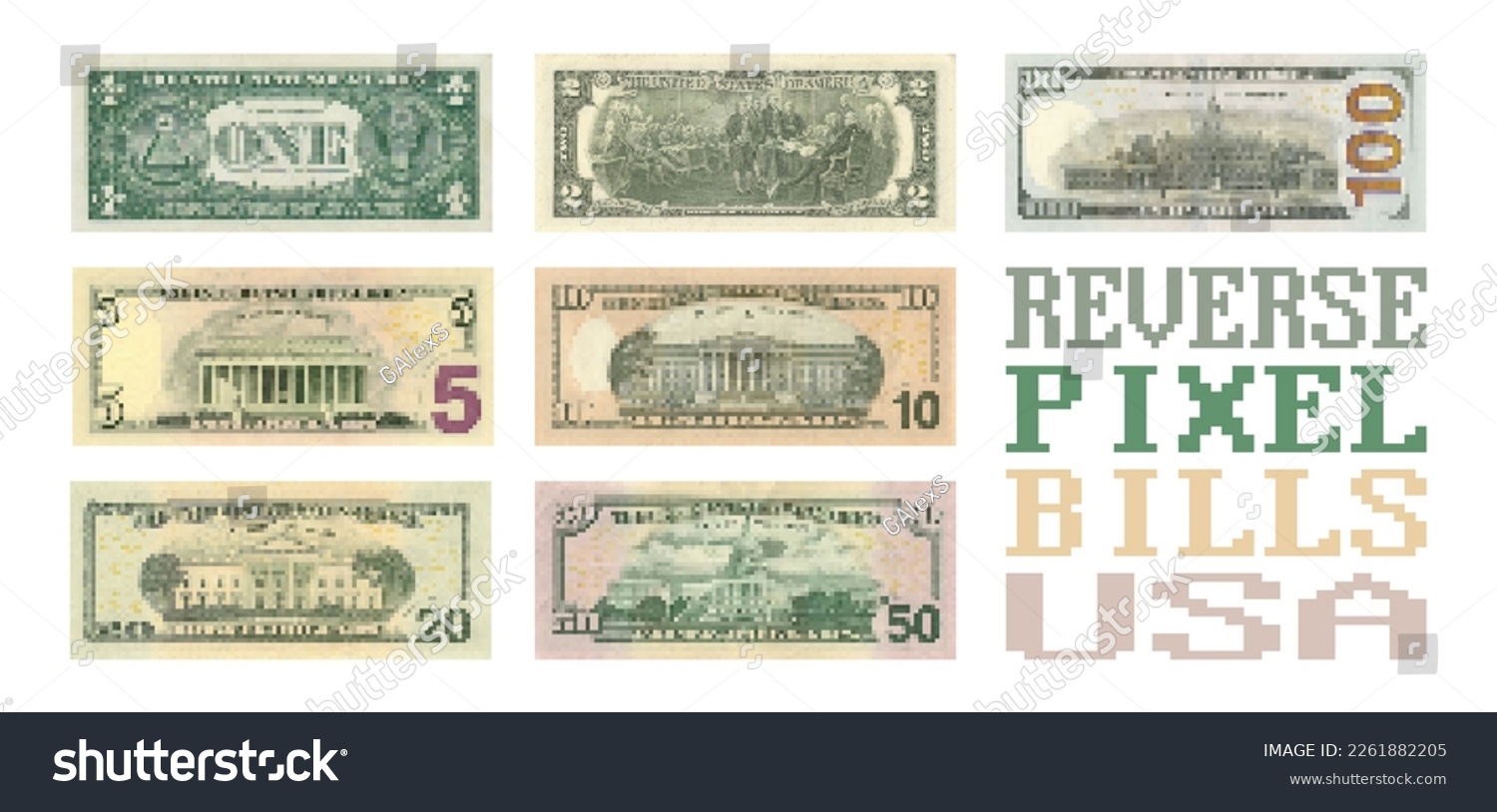 SVG of Vector set of pixel reverse sides of US banknotes. Paper American money on a white background. Denomination from 1 to 100 dollars. svg