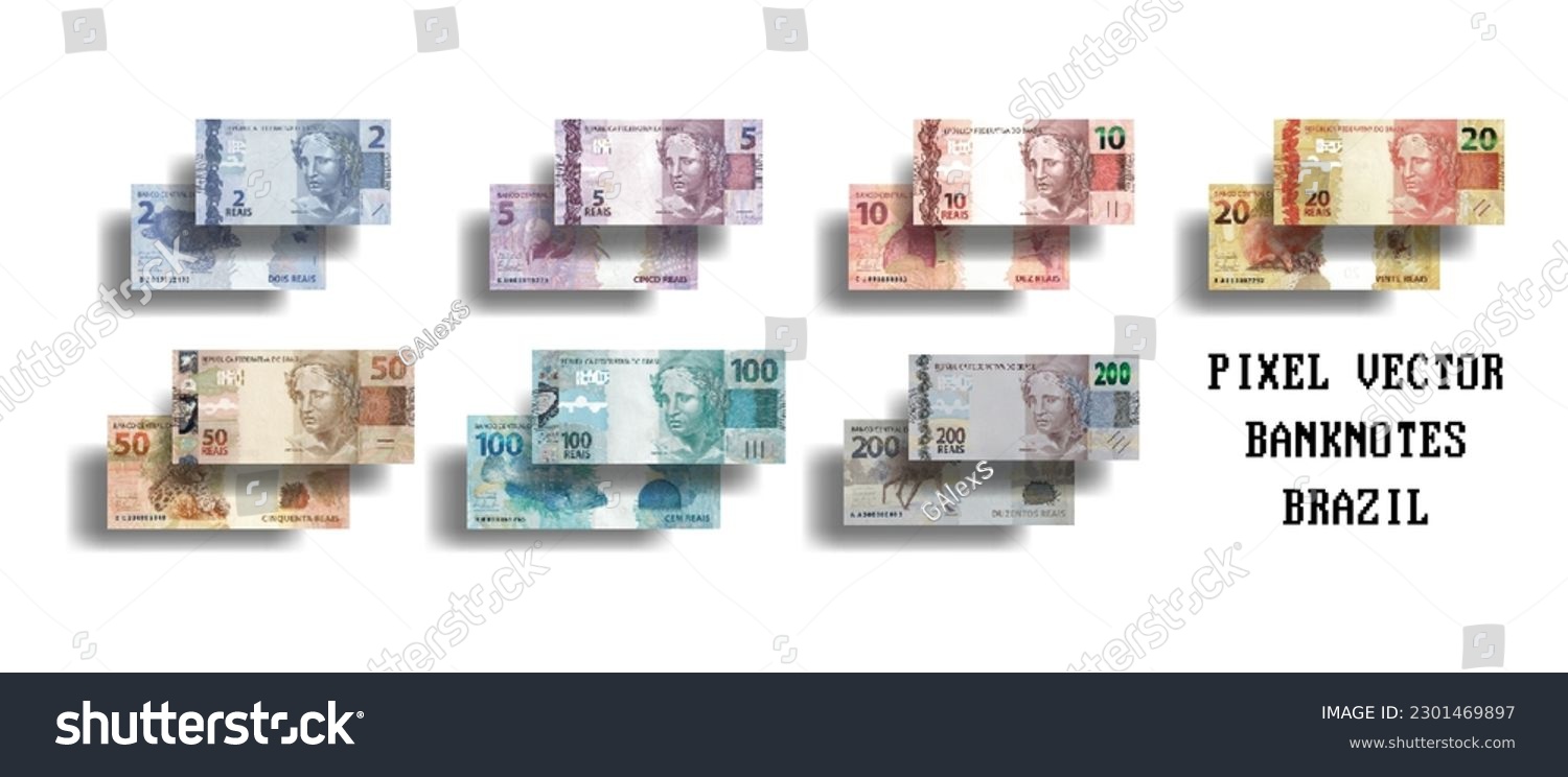 SVG of Vector set of pixelated mosaic banknotes of Brazil. Brazilian cash. The denomination of bills is 2, 5, 10, 20, 50, 100 and 200 reais. svg