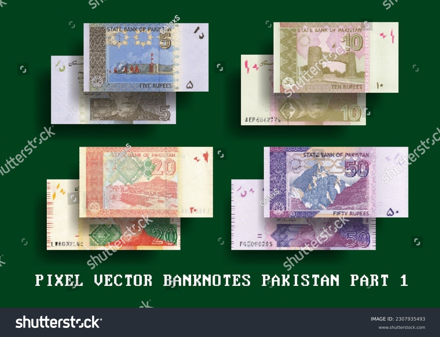 SVG of Vector set of pixelated mosaic banknotes of Pakistan. Notes in denominations of 5, 10, 20 and 50 Pakistani rupees. Part one. svg