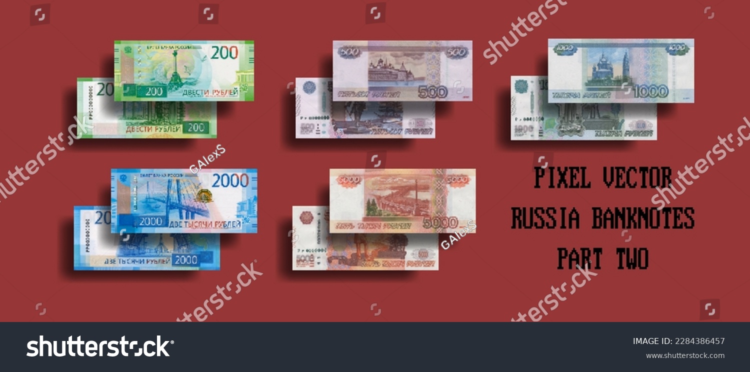 SVG of Vector set of pixelated mosaic banknotes of the Russian Federation. Bills in denominations of 200, 500, 1000, 2000 and 5000 rubles. Part two. svg