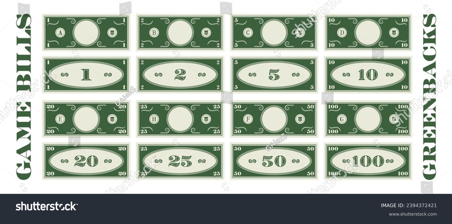 SVG of Vector set of play money. Banknotes in denominations of 1, 2, 5, 10, 20, 25, 50 and 100. Greenbacks. Collection of bills. Obverse and reverse. Empty circle in center. Samples of cash. Part 1. svg