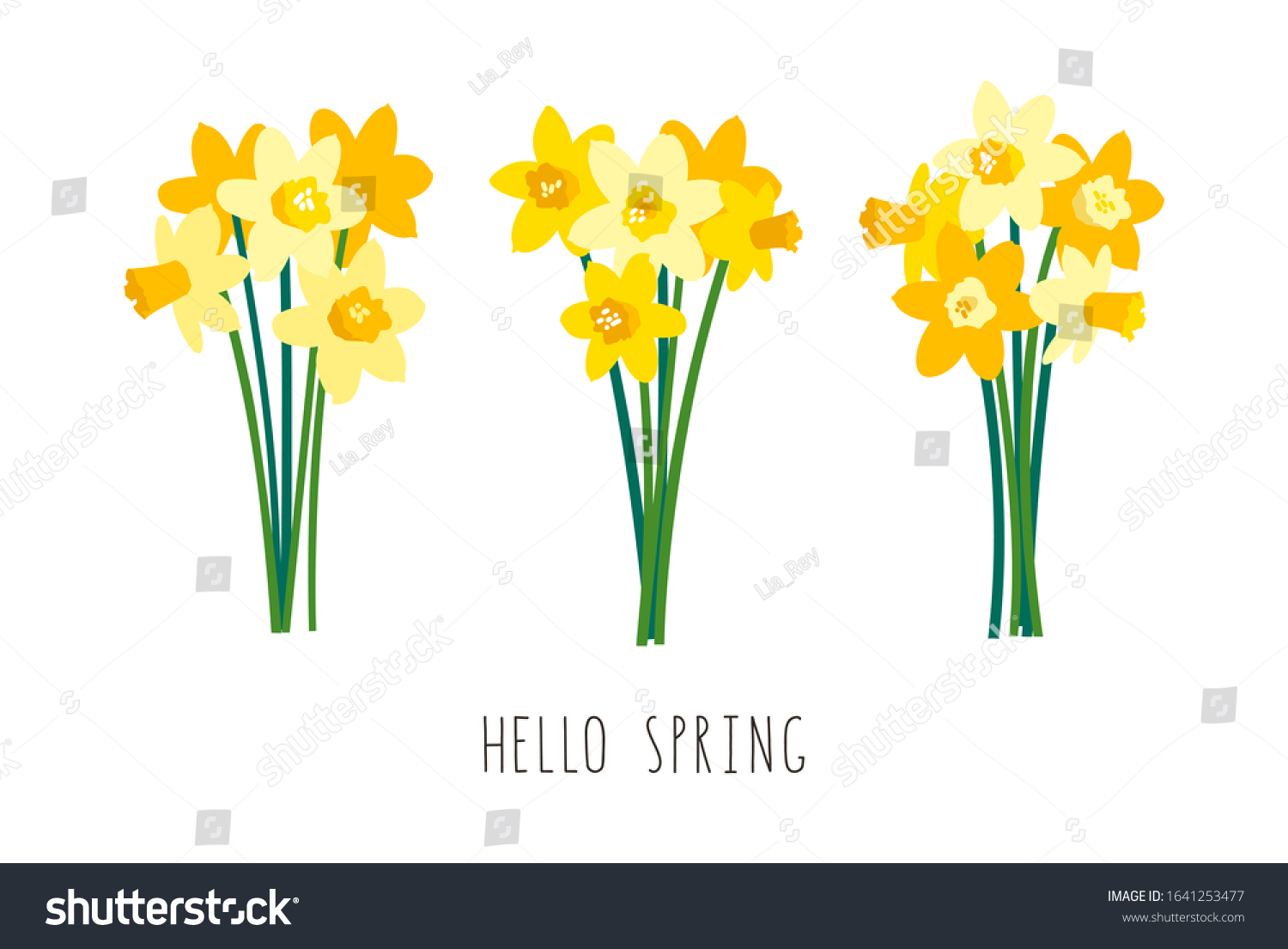 SVG of Vector set of positive floral illustrations isolated on white background. Early spring garden flowers. Yellow daffodils bouquet. Greeting card template, festive poster, banner. Handwritten lettering svg