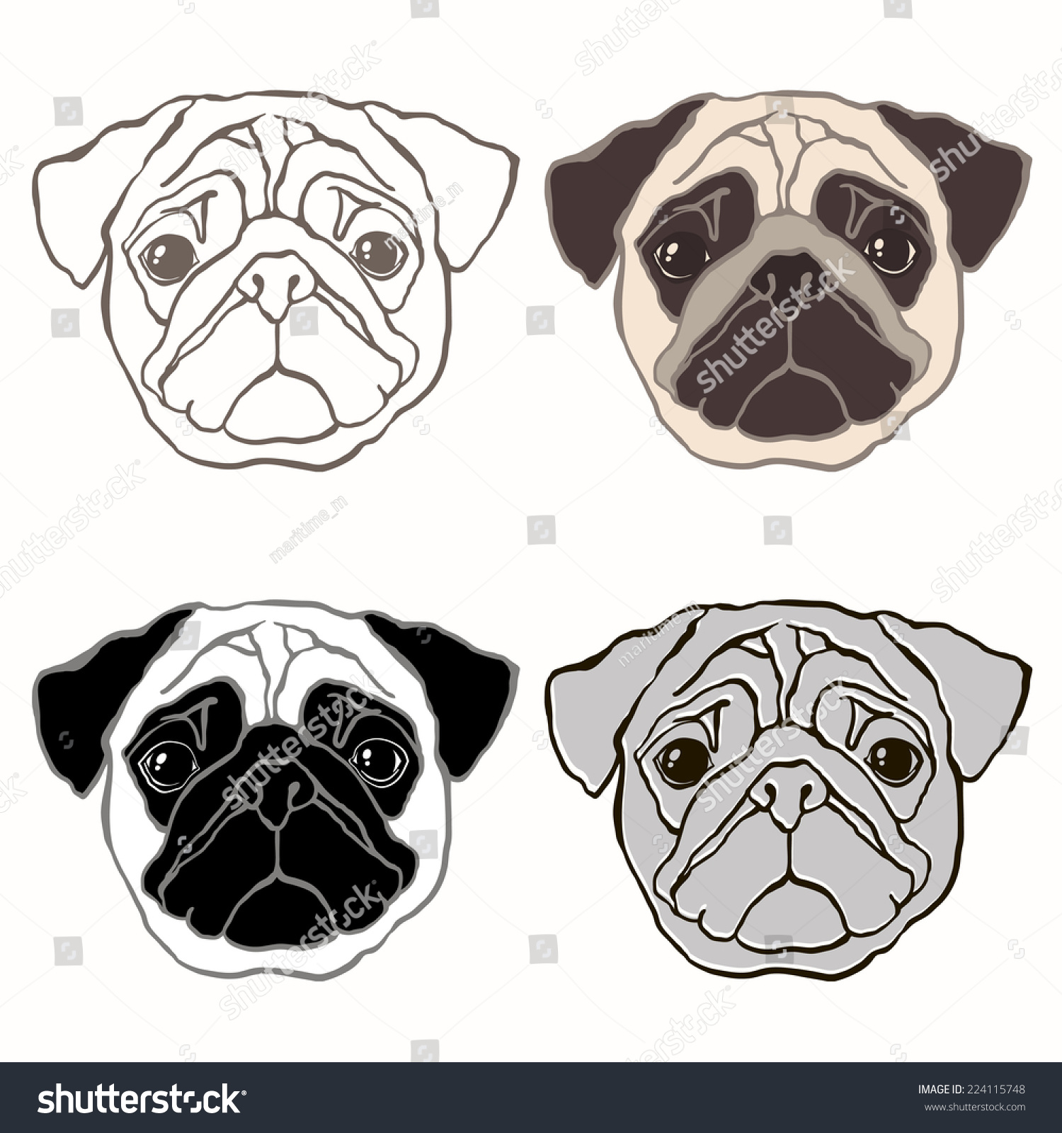 Vector Set Pugs Face Handdrawn Vector Stock Vector 224115748 - Shutterstock