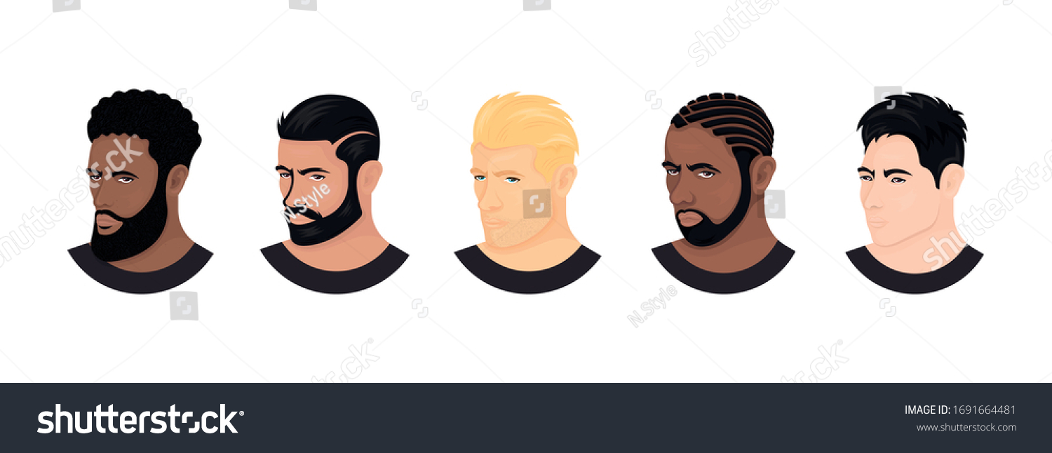 SVG of Vector set of race avatars. Collection of handsome men's heads on a white background. Types of common appearance. European, Indian, Arabic, Asian, and Afro. People in style realism. svg