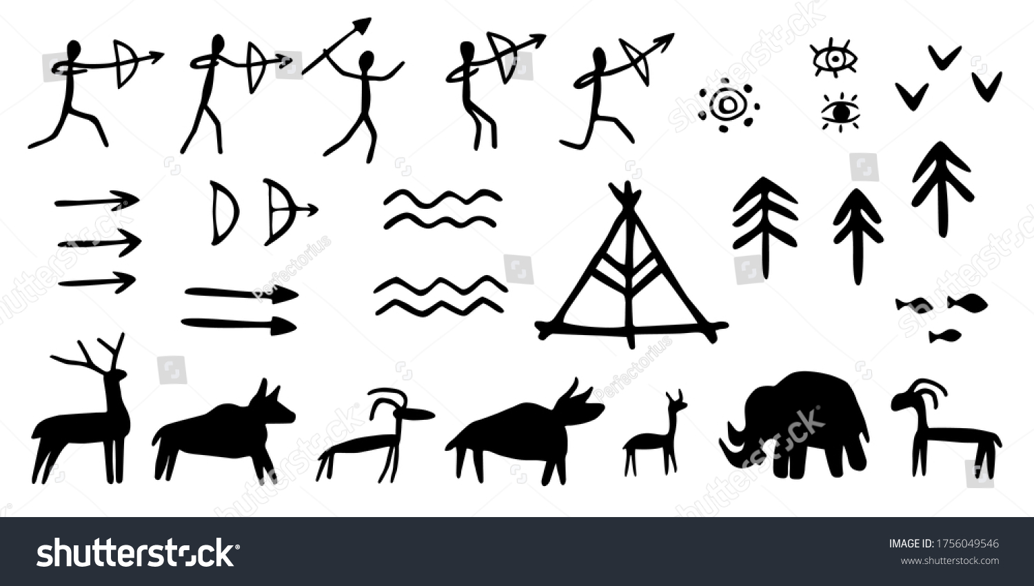 8 983 Caveman Art Images Stock Photos Vectors Shutterstock   Stock Vector Vector Set Of Rock Paintings Of Prehistoric Humans Animals Weapons Cave Drawings Of Different 1756049546 