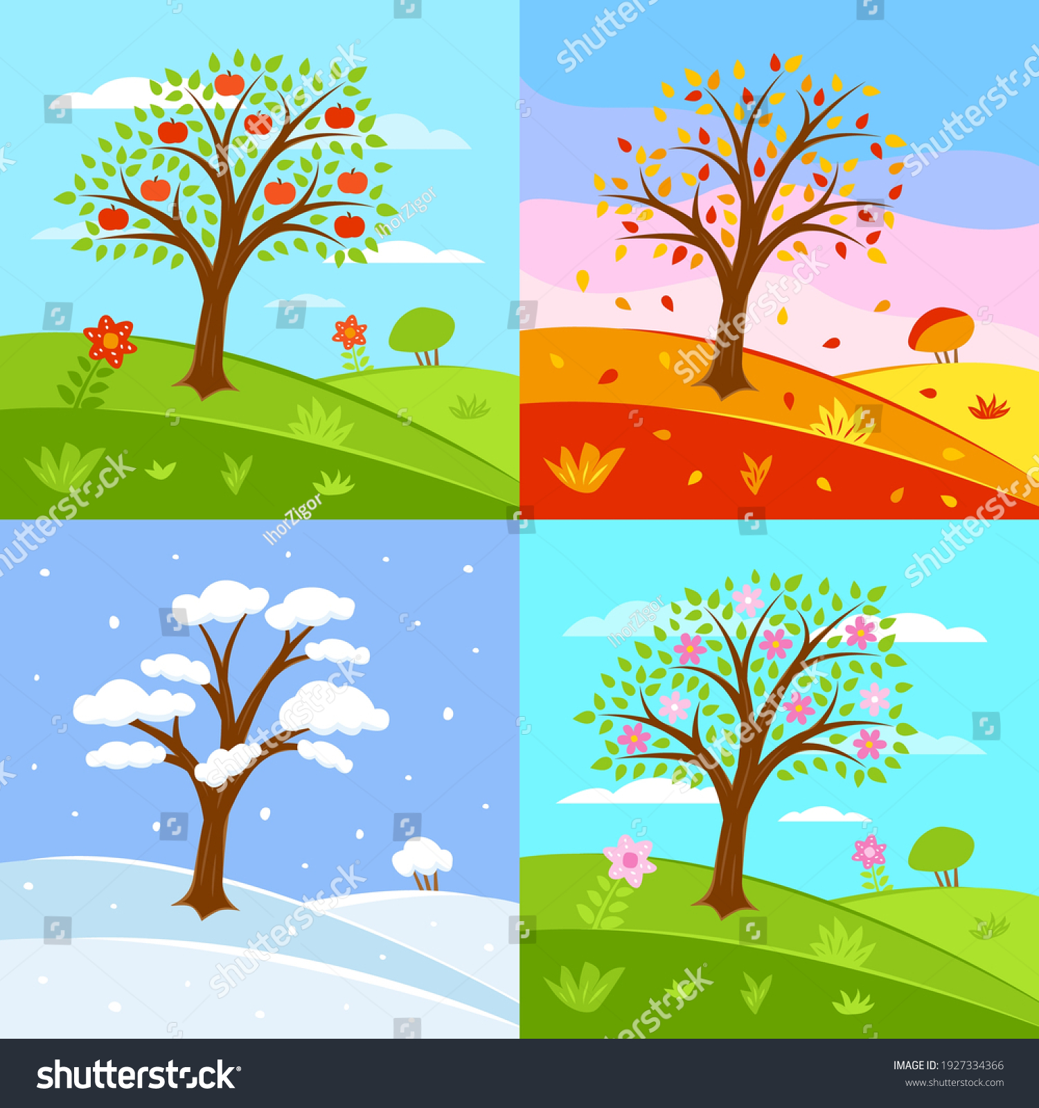 Vector Set Seasons Illustrations Summer Autumn Stock Vector (Royalty ...