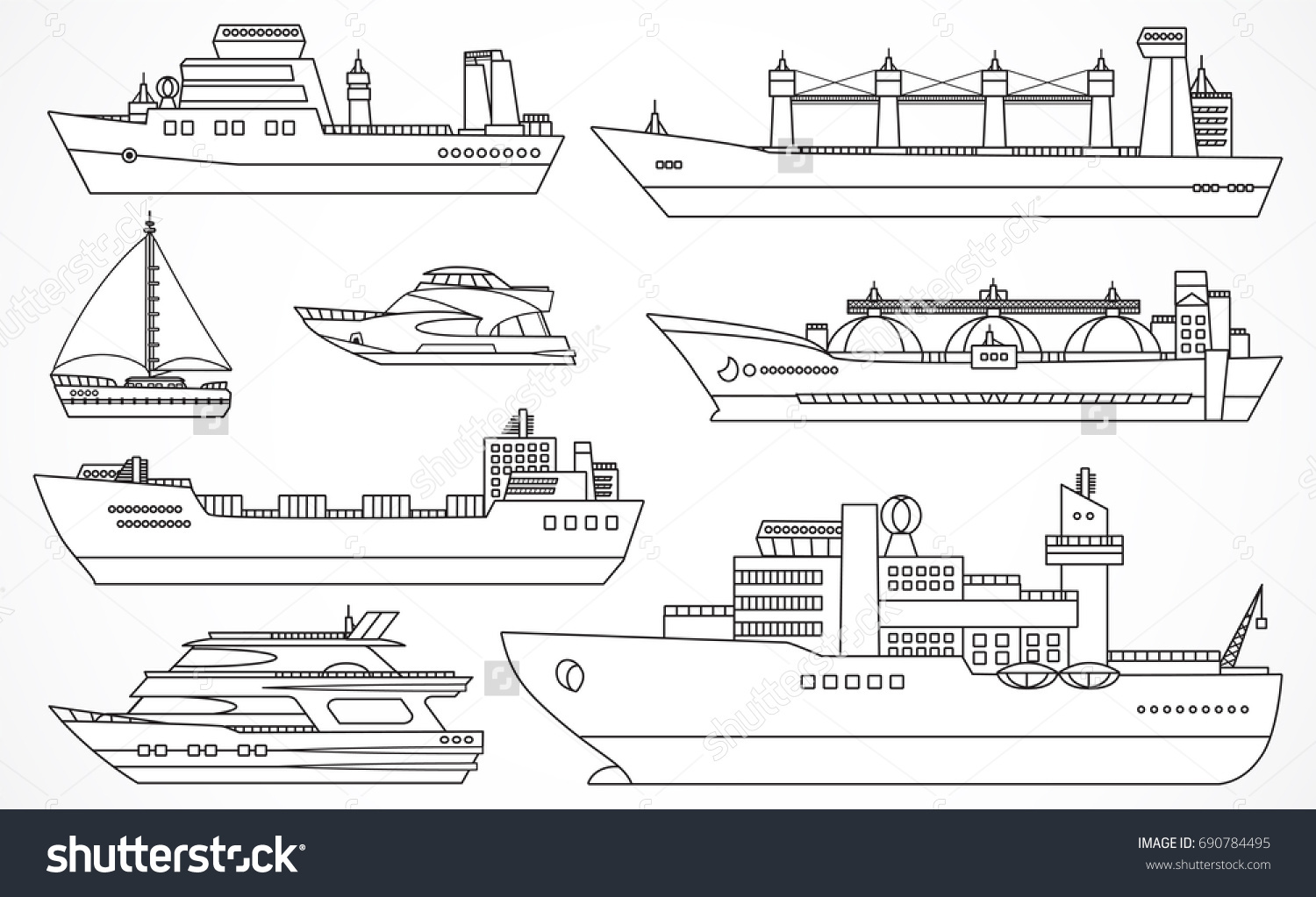 SVG of Vector set of ships: tanker, bulk carrier, dry cargo ship, icebreaker, trawler, yacht, sailboat.  Black contours. svg