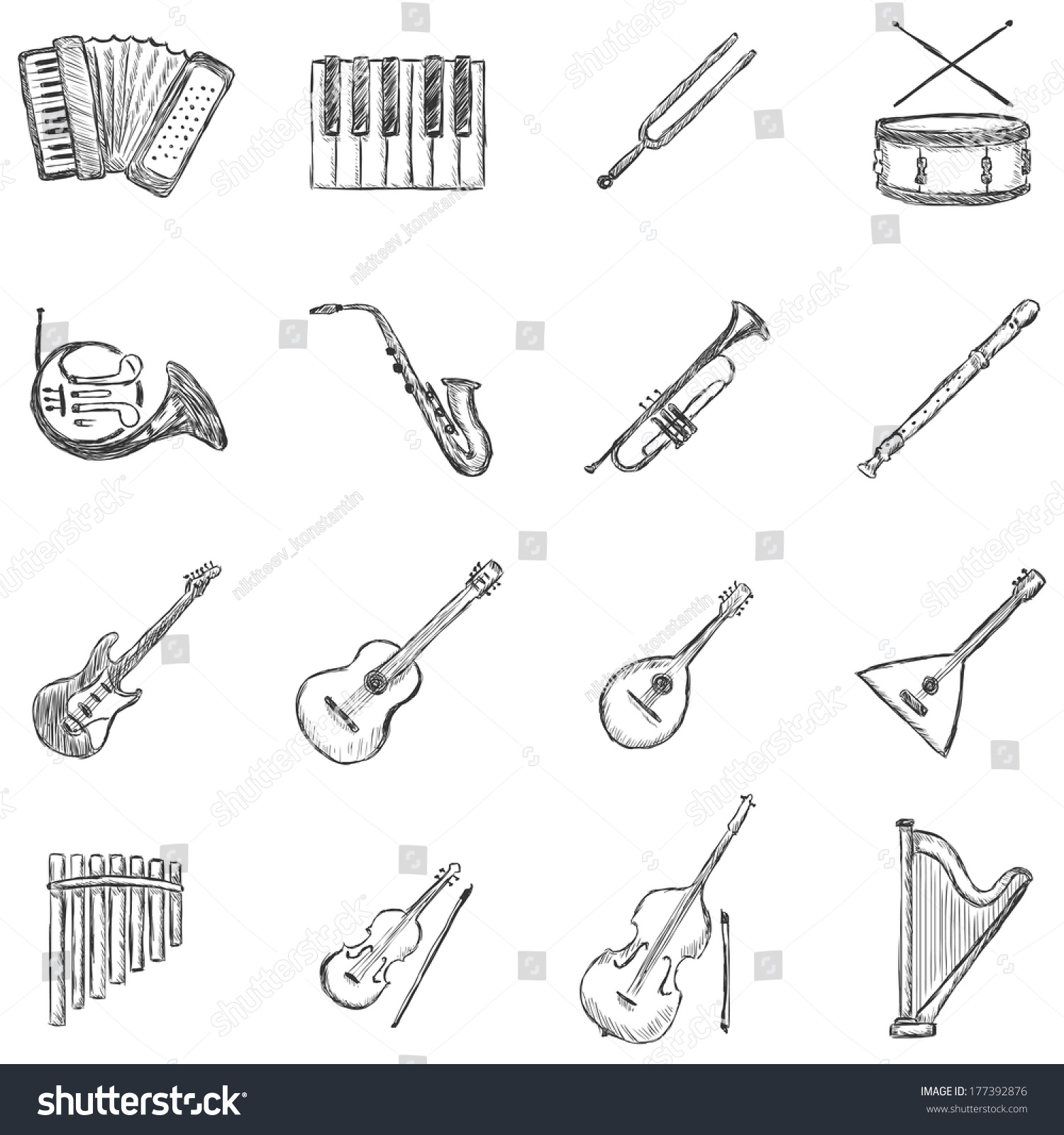 Vector Set Sketch Musical Instruments Icons Stock Vector (Royalty Free