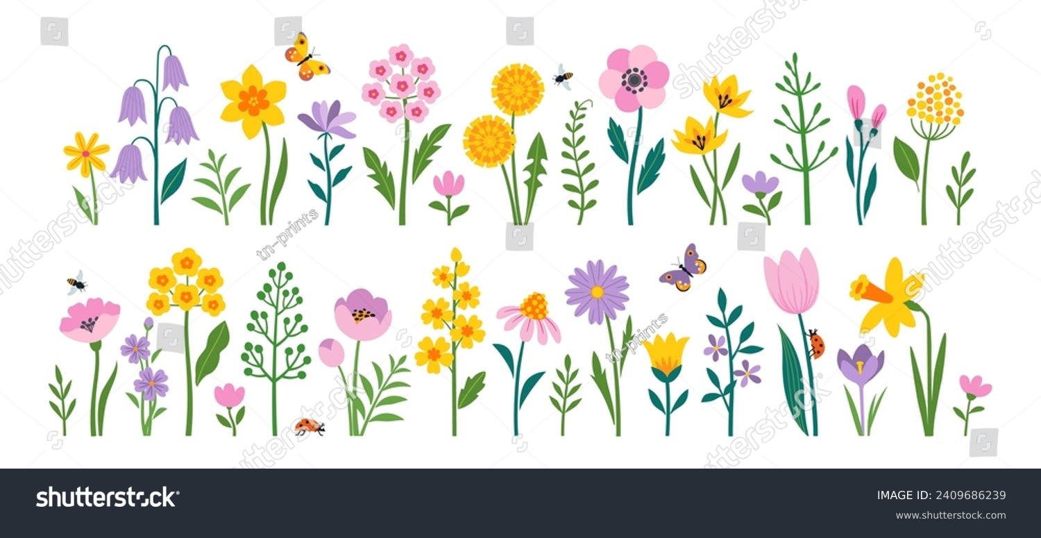 SVG of Vector set of spring Easter flowers and insects in flat style isolated on white background.  svg