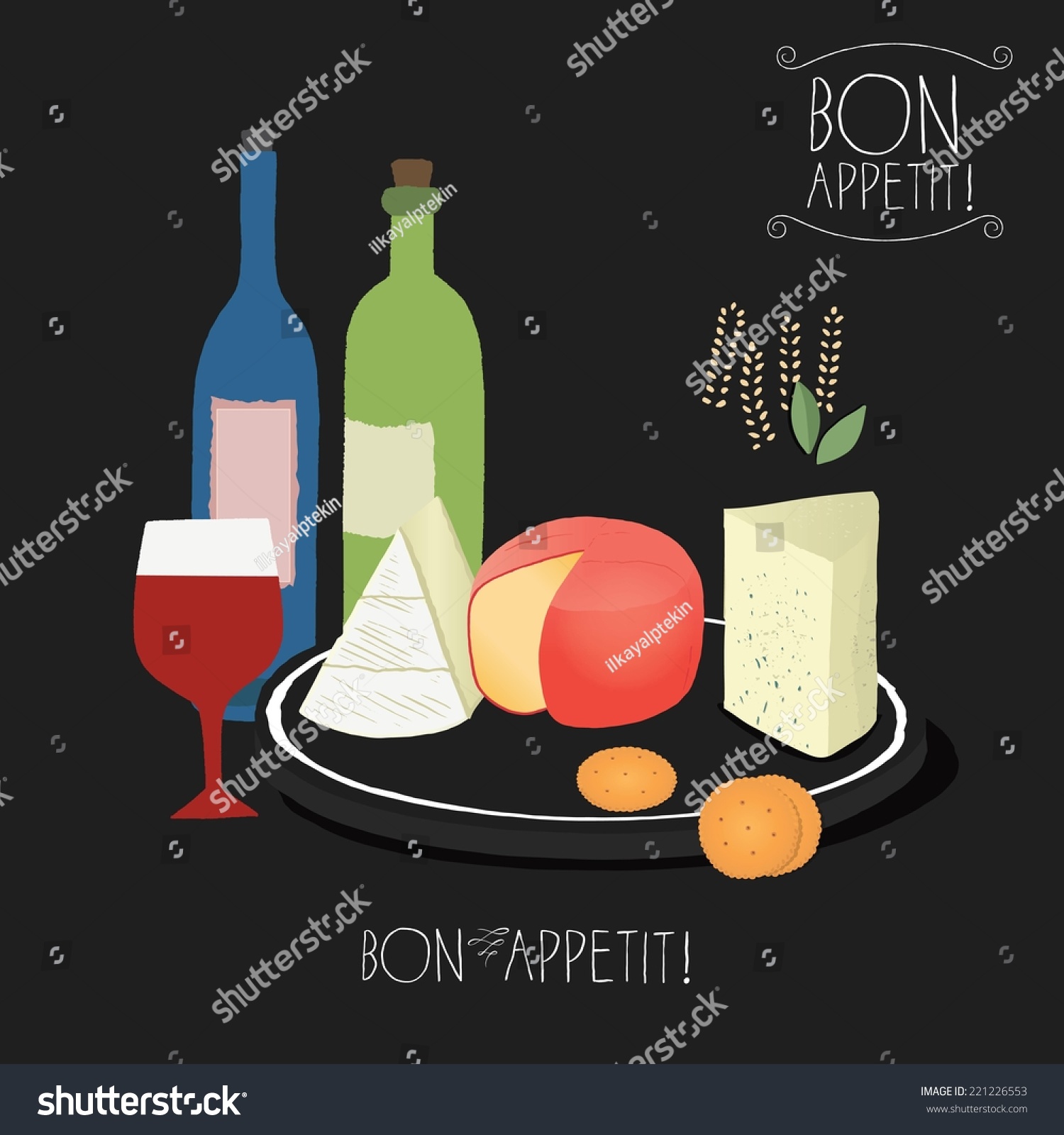 stock vector vector set of stylized french food icons cheese bread wine and lettering on chalk board 221226553