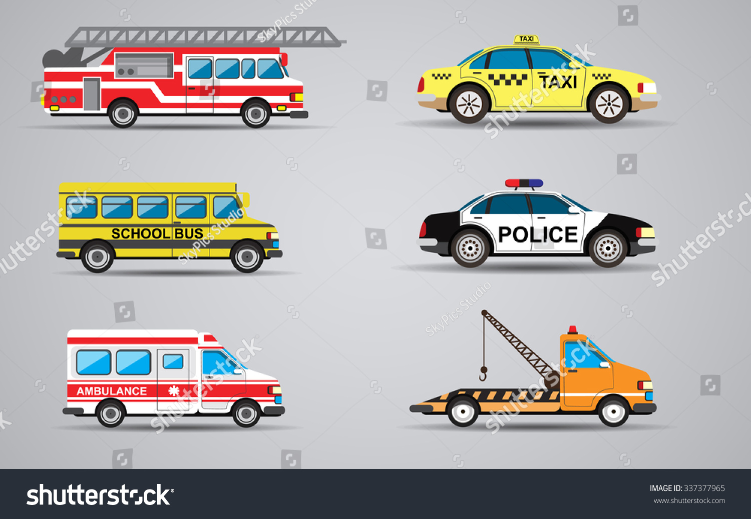 SVG of Vector set of the isolated transport icons. Fire truck, ambulance, police car, truck for transportation faulty cars, school bus, taxi. svg