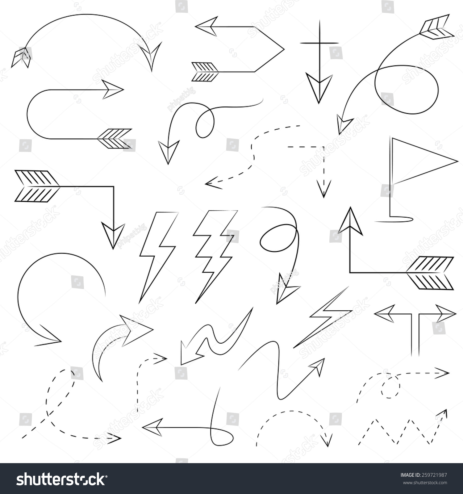 Vector Set Of Thin Line Arrows, Hand Drawn Arrows Set - 259721987 ...