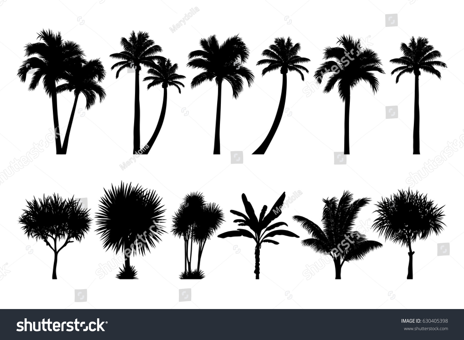 熱帯のヤシと木のシルエットのベクター画像セット Eps のベクター画像素材 ロイヤリティフリー