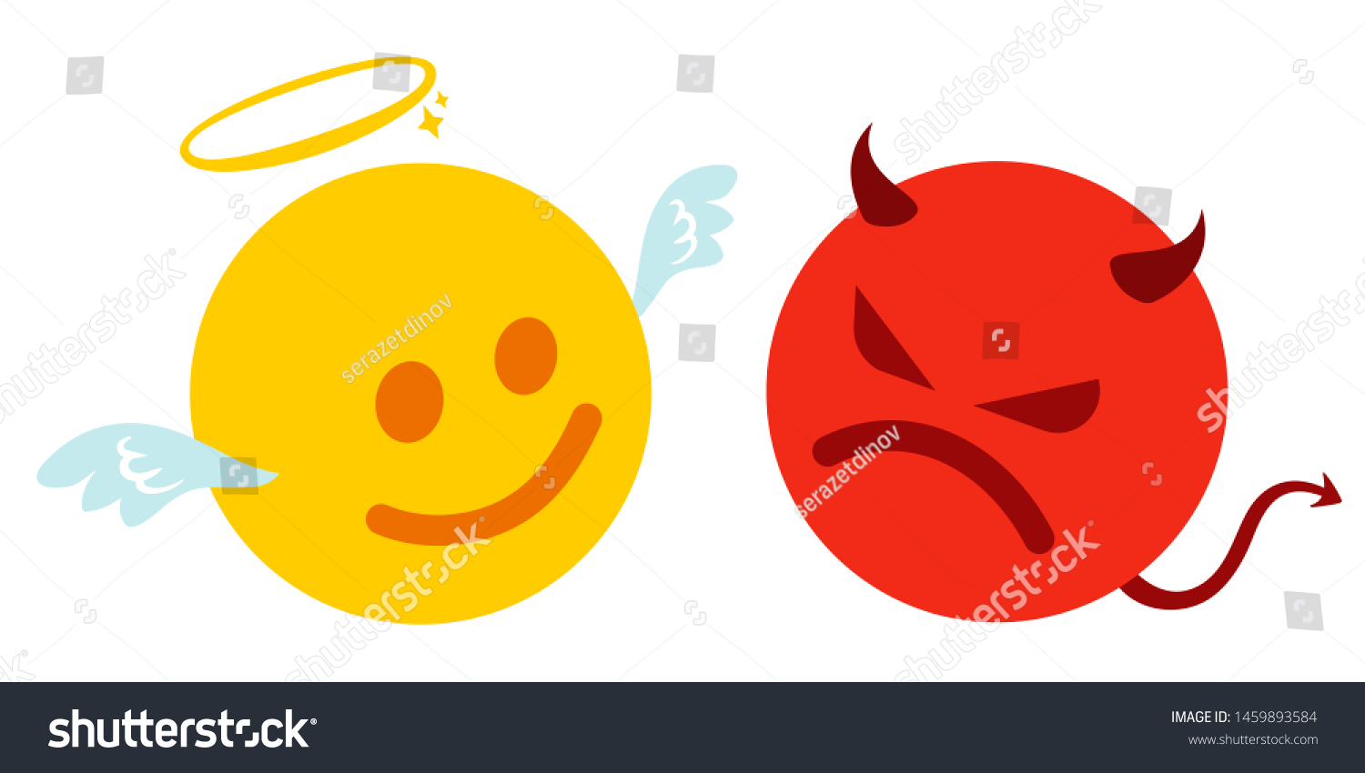 SVG of Vector set two smiles. Funny and angry emoji in kawaii style. Vector set of two angel and devil smiles.  svg
