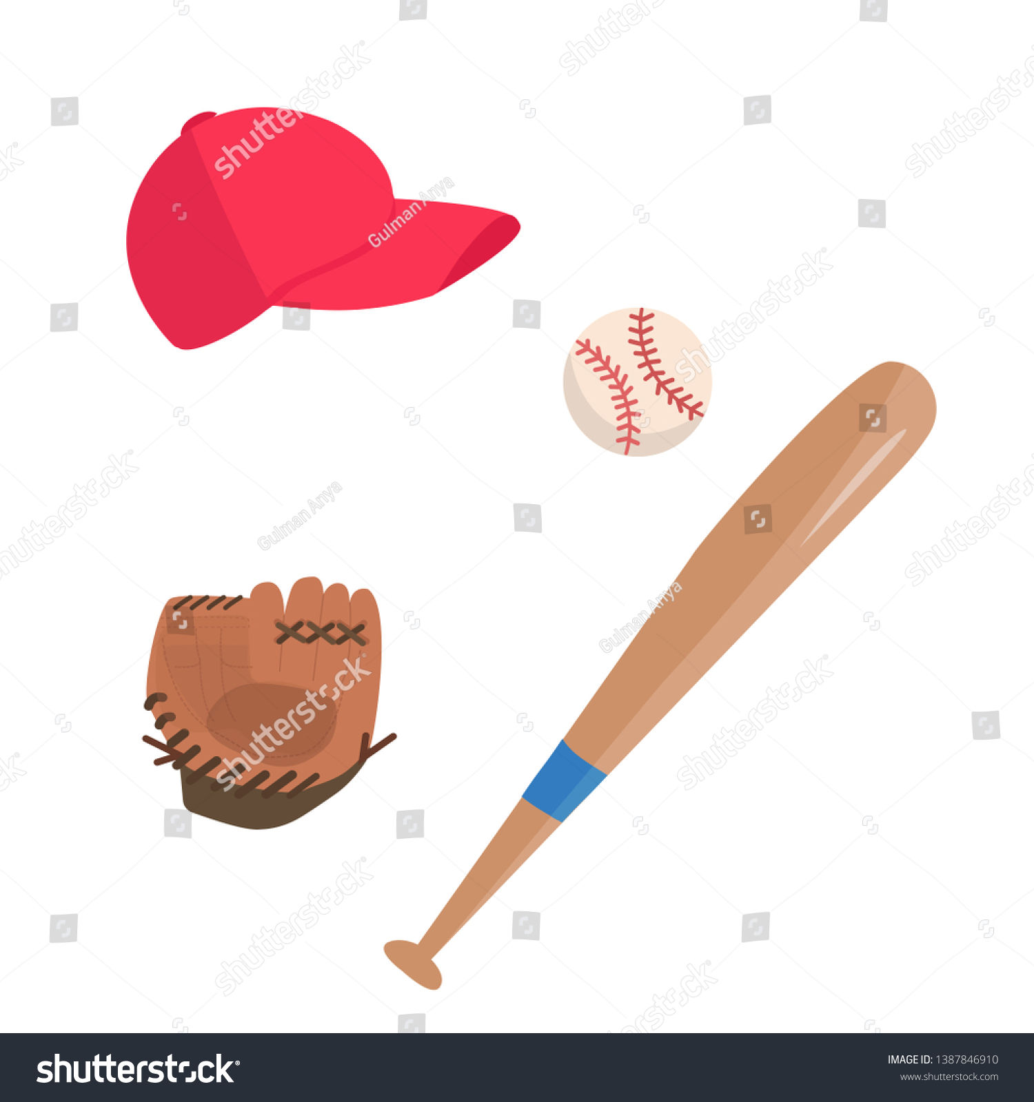野球のアトリビュートを持つベクター画像セット 白い背景にボール キャップ 手袋 バット 簡単なイラスト のベクター画像素材 ロイヤリティフリー