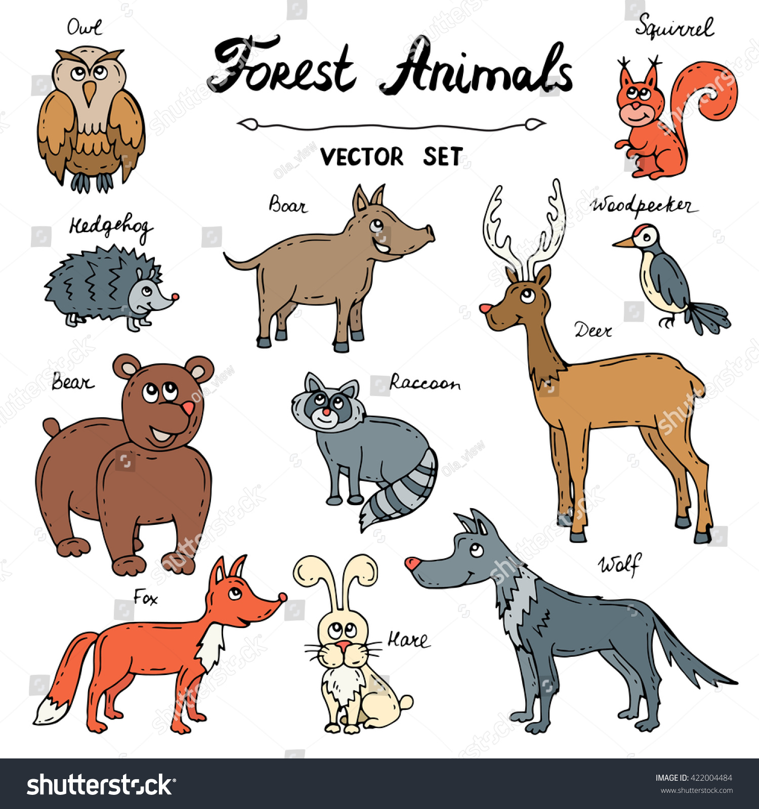 Vector Set With Hand Drawn Colored Doodles Of Forest Animals. Sketches