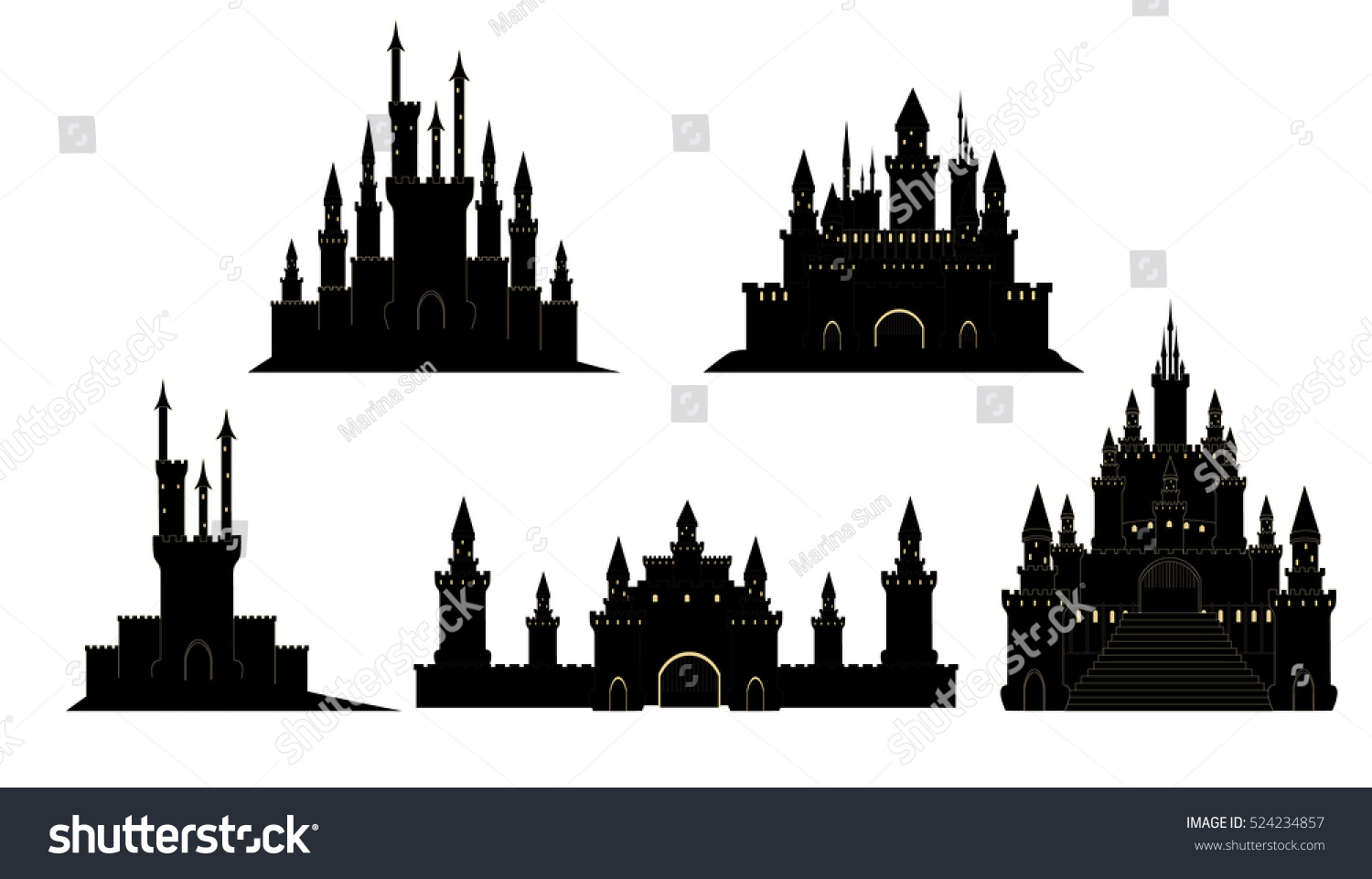 白い背景に手描きの中世の城のベクター画像セット のベクター画像素材 ロイヤリティフリー