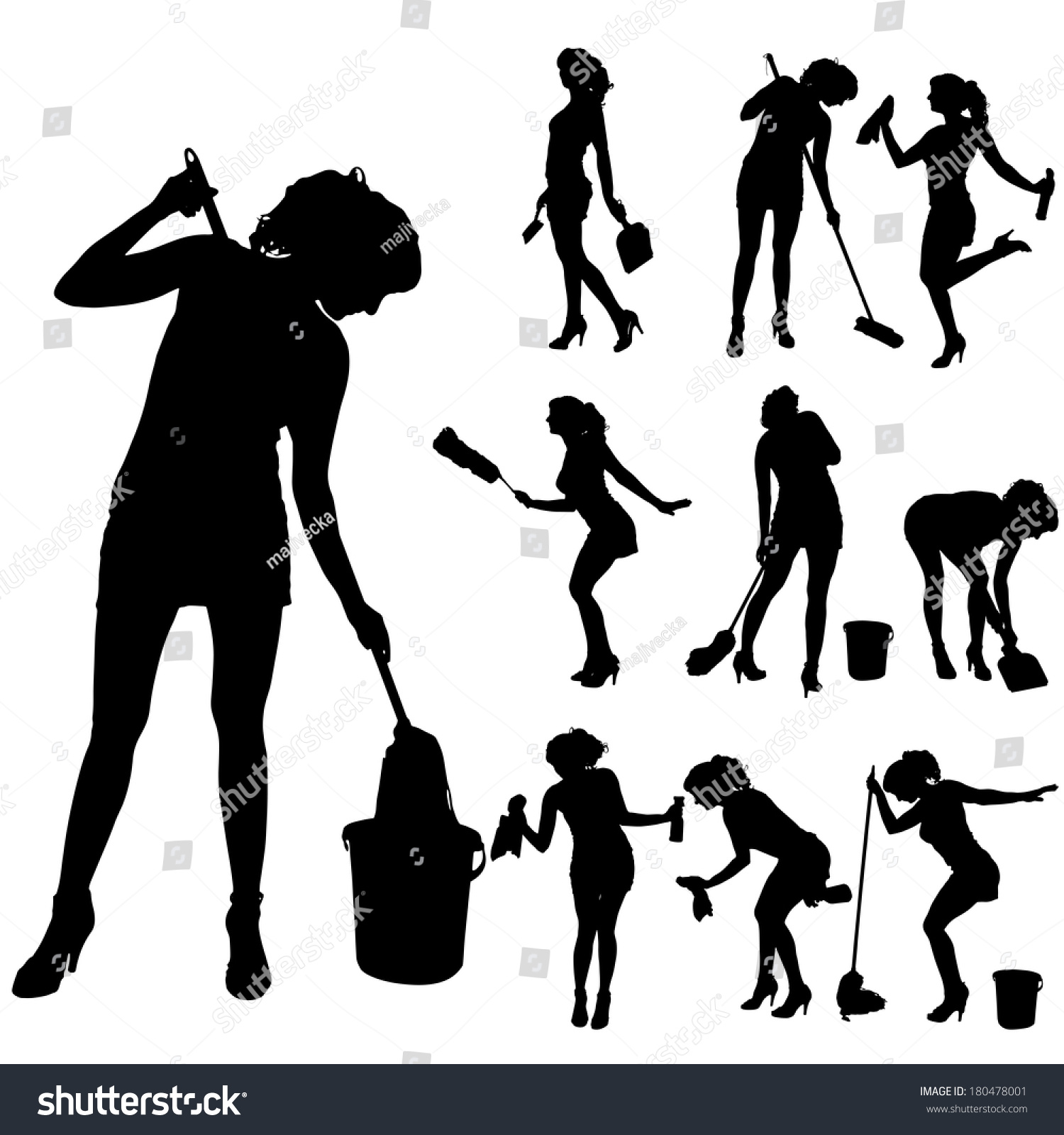 Vector Silhouette Cleaning Lady On White vector de stock libre de regalías