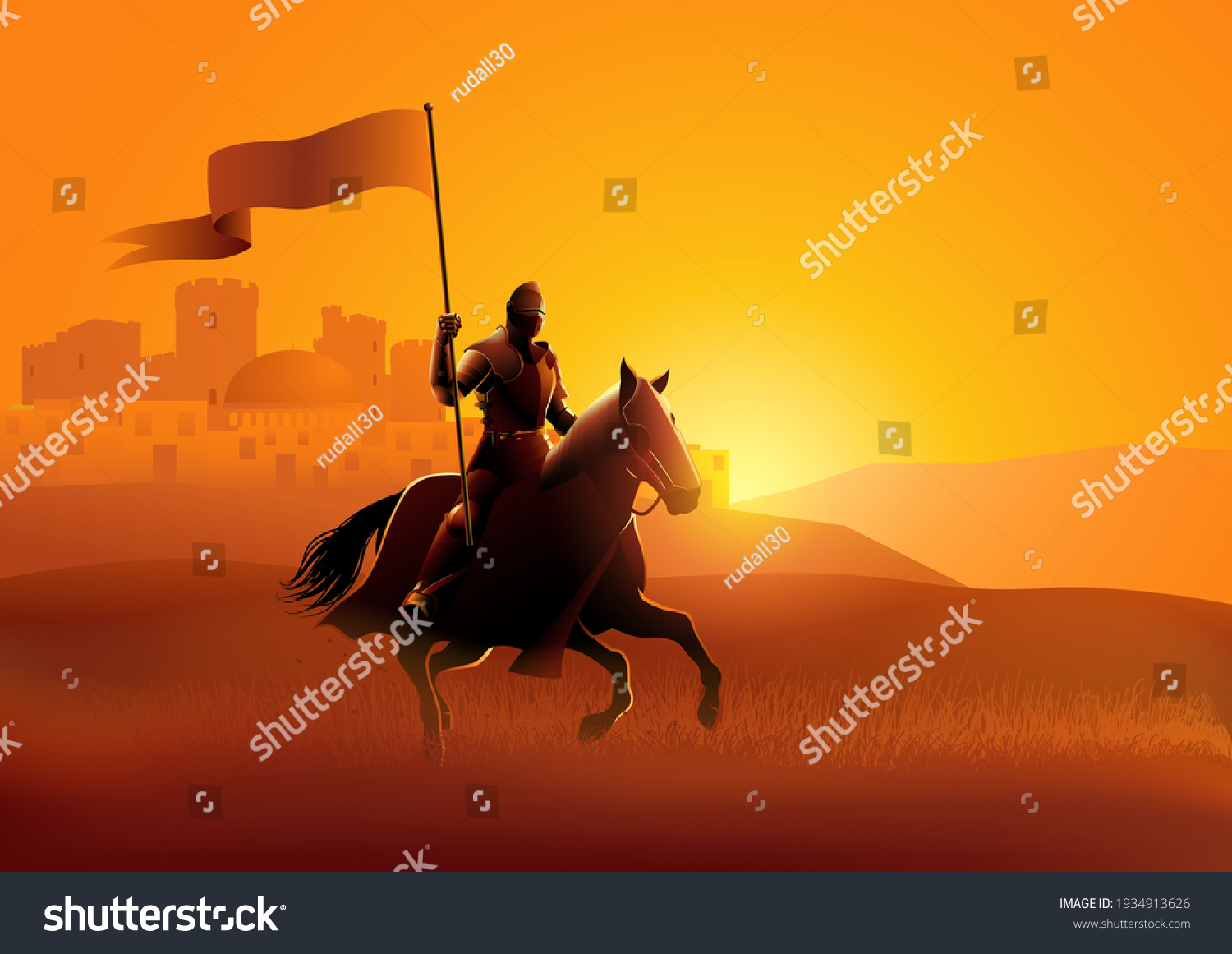 Vector Silhouette Medieval Knight On Horse Stock Vector (Royalty Free ...