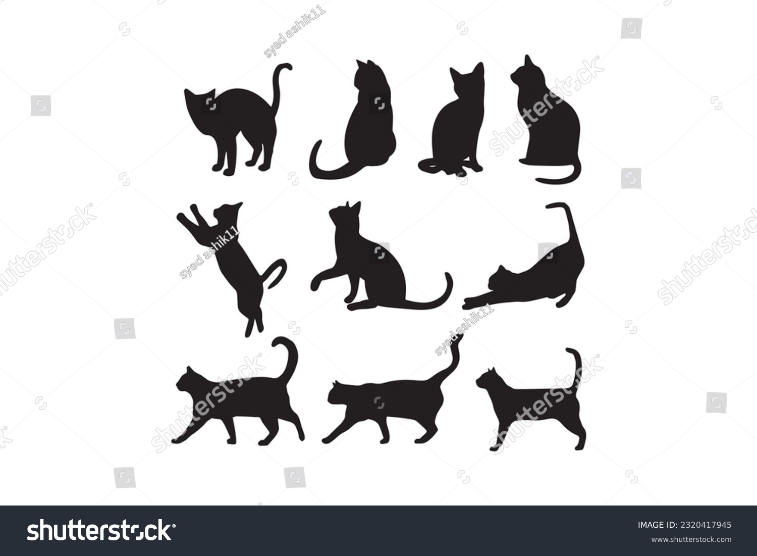 SVG of vector silhouette of cats in different positions, vector hand drawn animals silhouette set, vector vector cats set. animal pet, wildcat and kitten, hunter and predator, black silhouette illustration. svg
