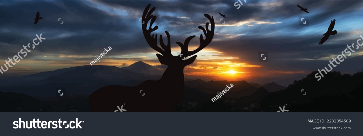 SVG of Vector silhouette of deer in forest on sunset background. Symbol of nature and park. svg