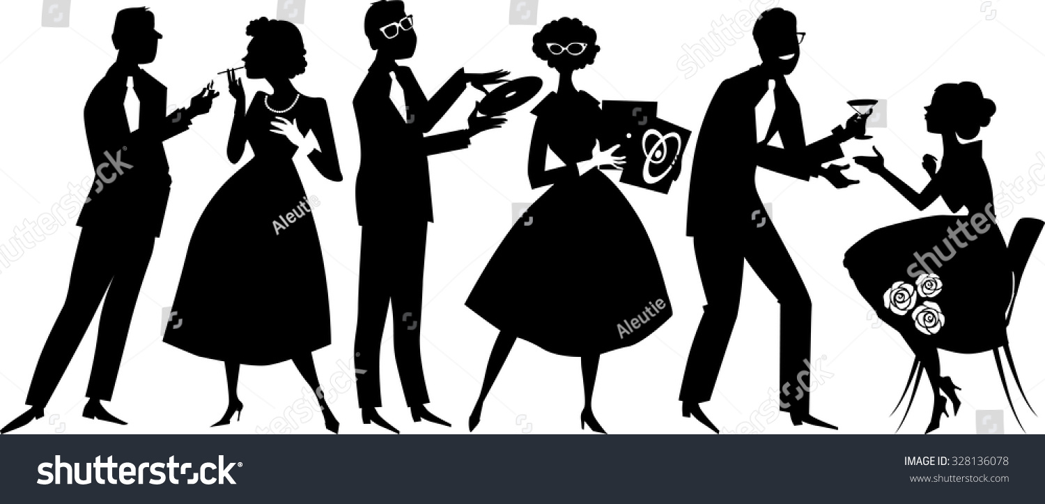 SVG of Vector silhouette of people dressed in 1950s fashion at the party, socializing, EPS 8, no white objects, black only  svg