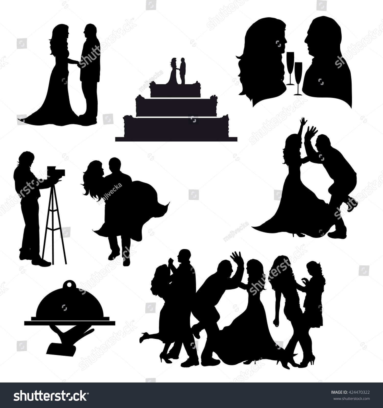 Vector Silhouettes Wedding Icons On White Stock Vector 424470322