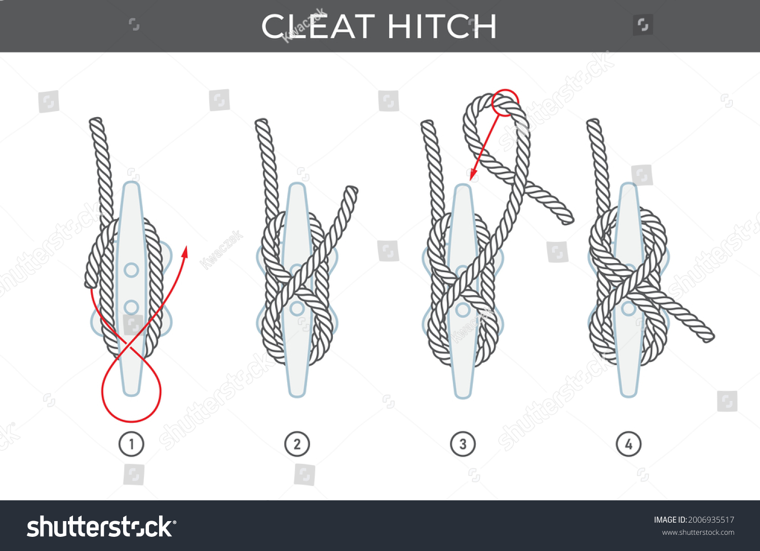 SVG of Vector simple instructions for tying a Cleat hitch. Four steps. Best way to tie a boat to a dock. Isolated on white background. svg