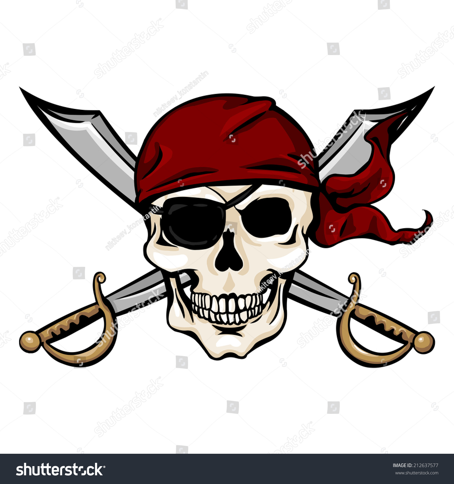 recommend clip art: Vector Single Cartoon Pirate Skull in Red Bandana with Cross Swords