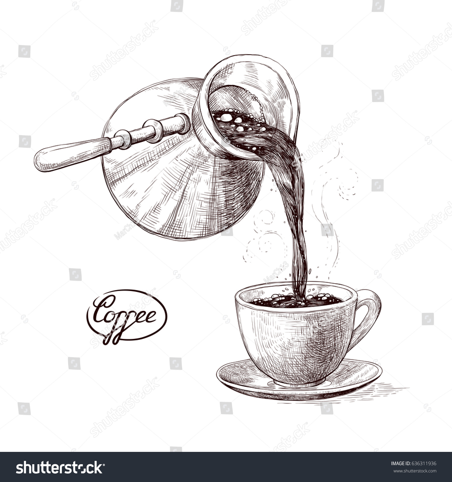 SVG of Vector sketch illustration of fresh brewed hot and flavored morning coffee from the turks poured into the cup. Drink with splashes and steam pouring into the bowl. Imitation vintage engraving svg