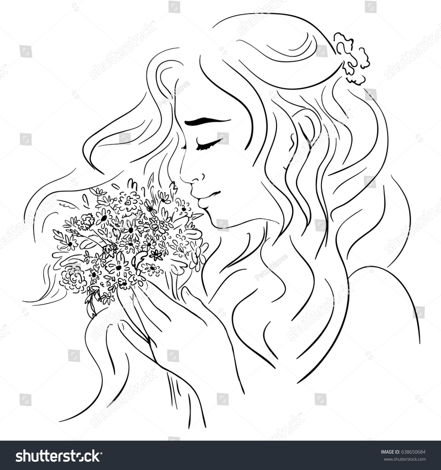 Vector Sketch Girl Smelling Flowers Stock Vector Royalty