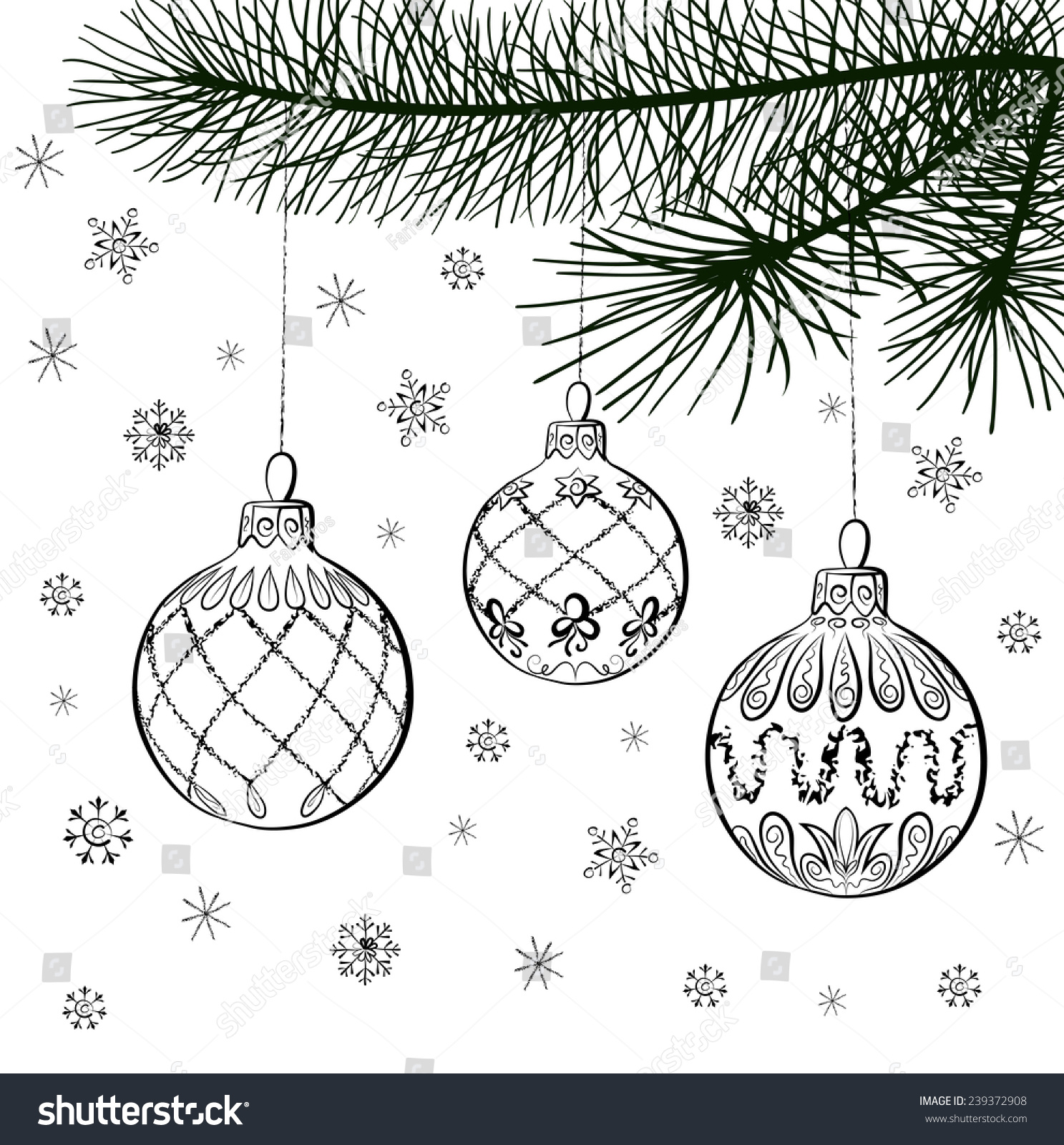 Vector Sketch Of Three Christmas Balls On Coniferous Branch. Hand Draw ...