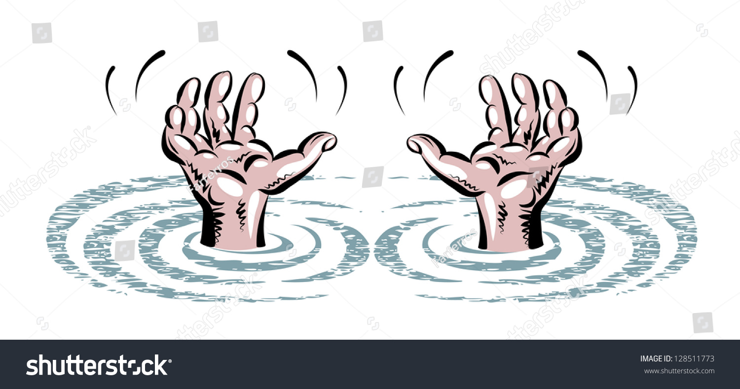 Vector Sketch Water Two Hands Drowning Stock Vector (Royalty Free