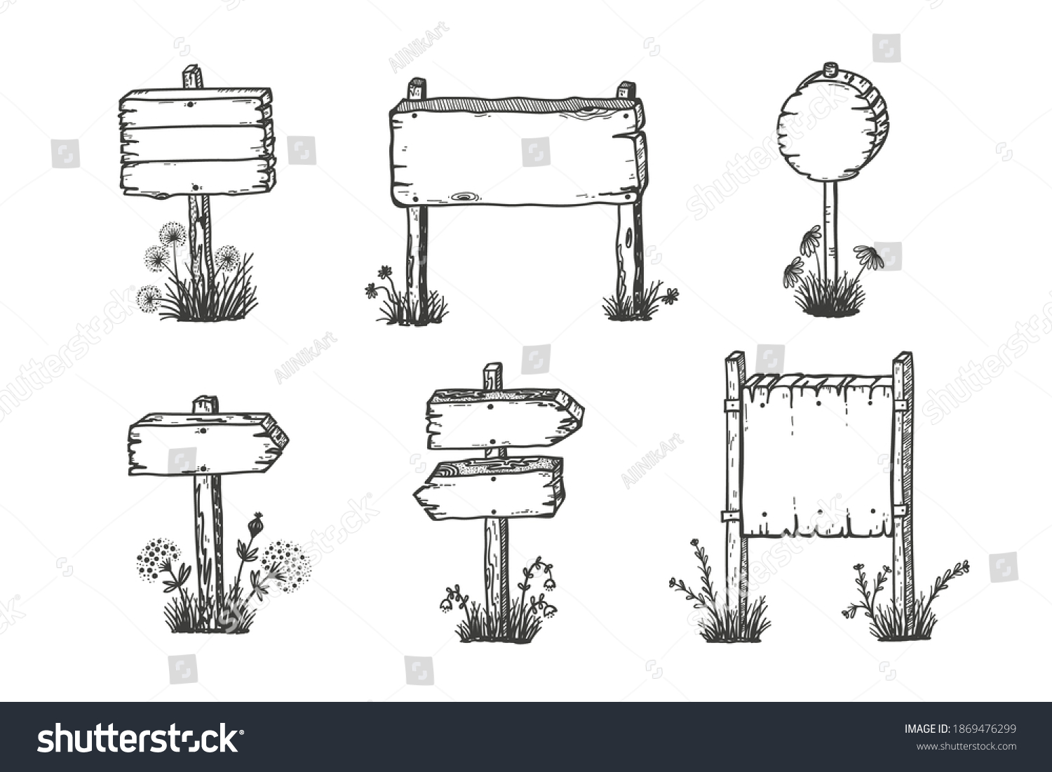 Vector Sketch Set Wooden Signposts Hand Stock Vector (Royalty Free ...