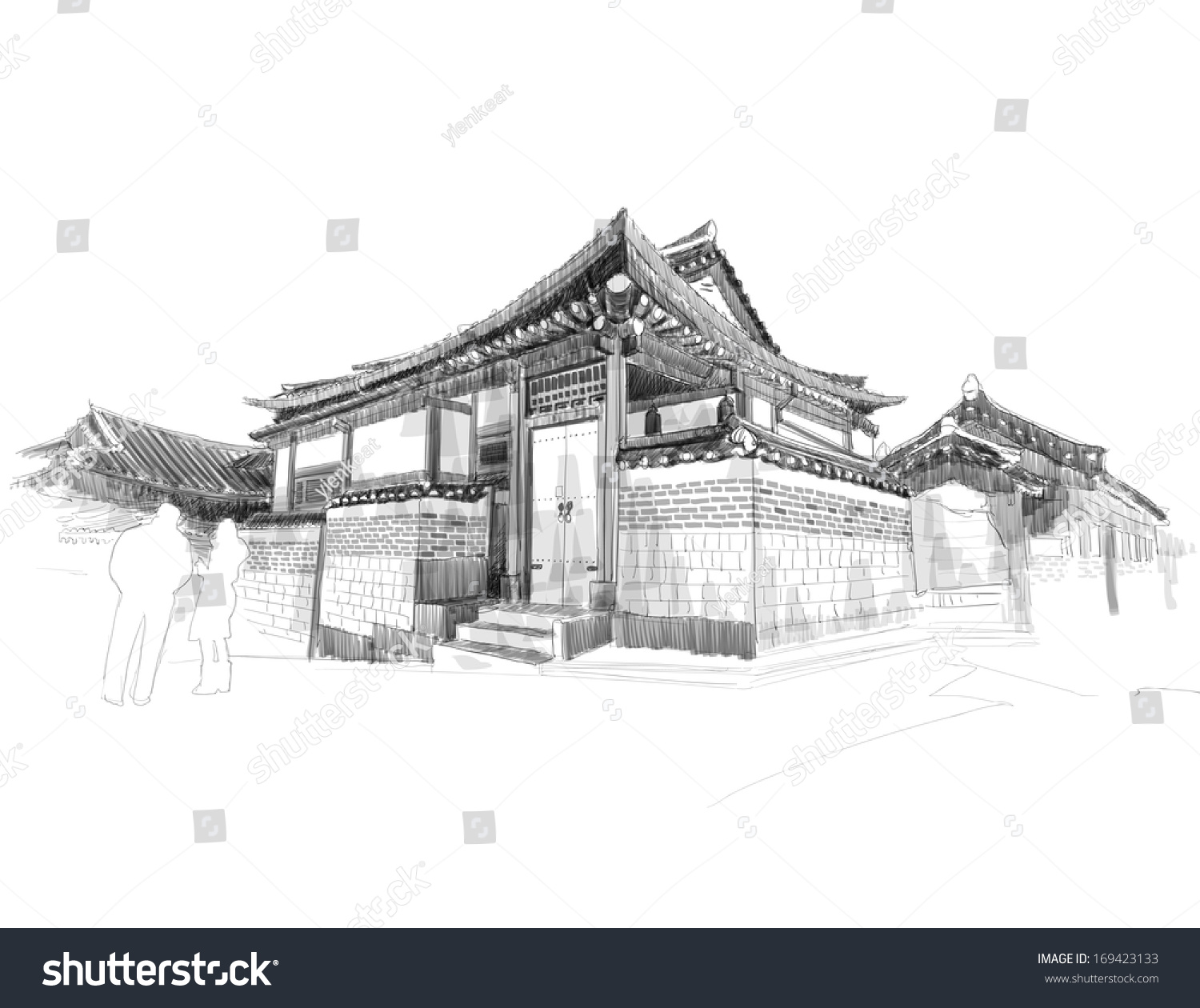 Vector Sketching Korean Traditional House Hanok Stock 