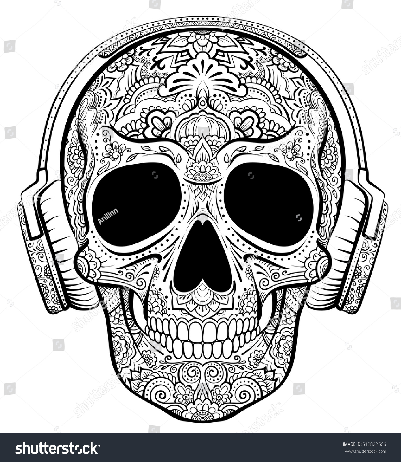 Vector Skull Graphics Floral Ornaments Earphones Stock Vector 512822566 ...