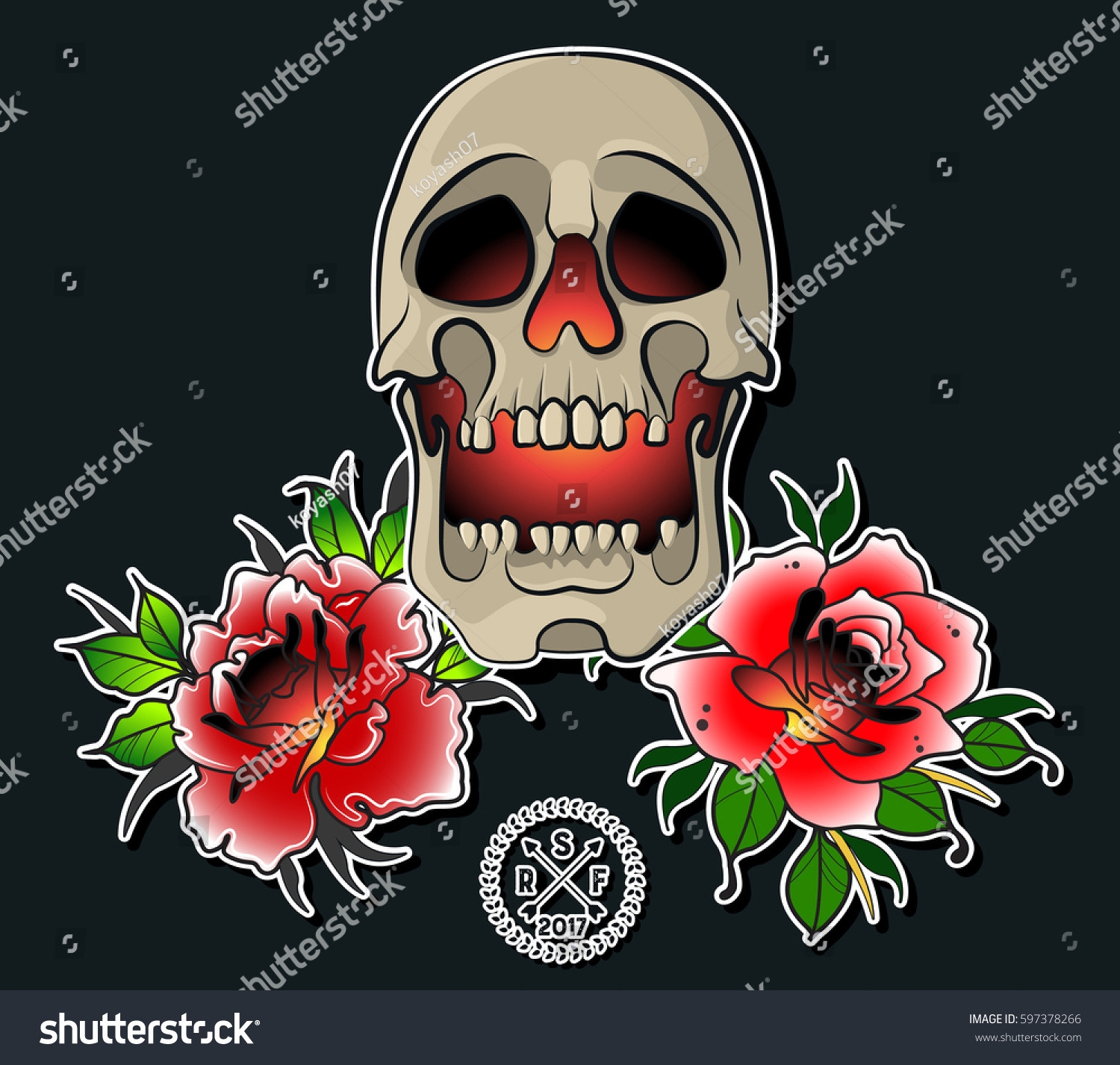 Vector Skull Roses Traditional Tattoo Design Stock Vector 597378266 ...