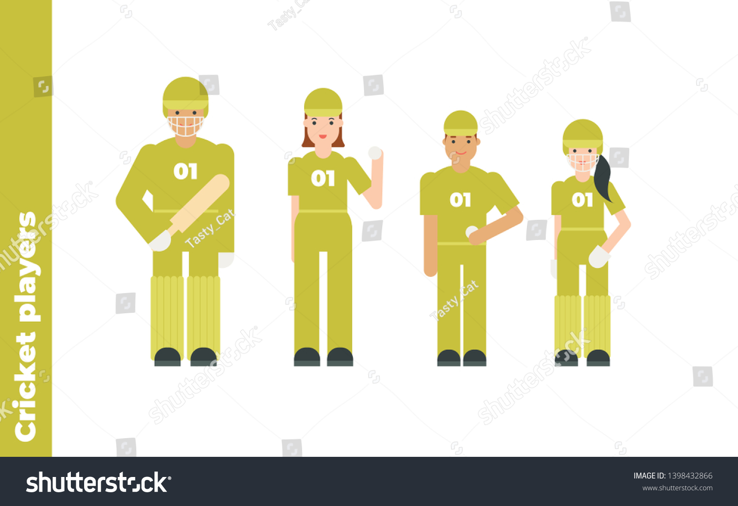 SVG of Vector sport flat character set. Group of professional young cricket player isolated on white background. Batsmen character in green uniform with ball. Design element for web, banner, poster, souvenir svg