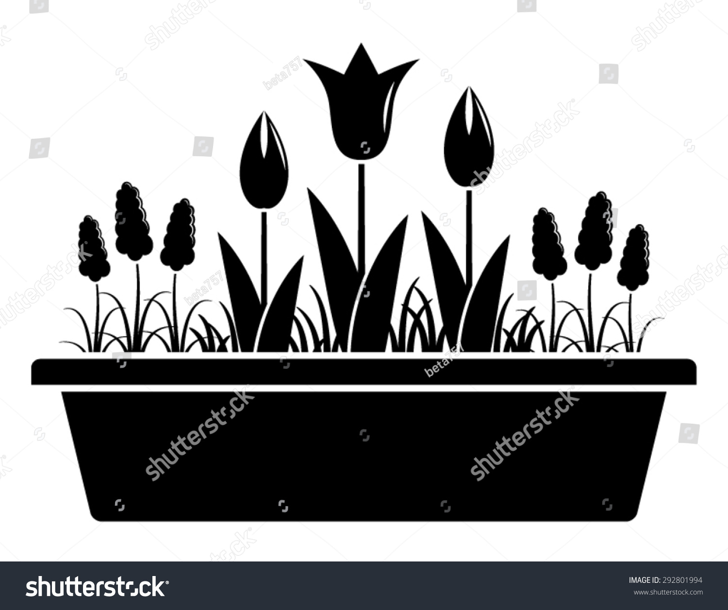 black flower pot with tulips and plants clip art preview
