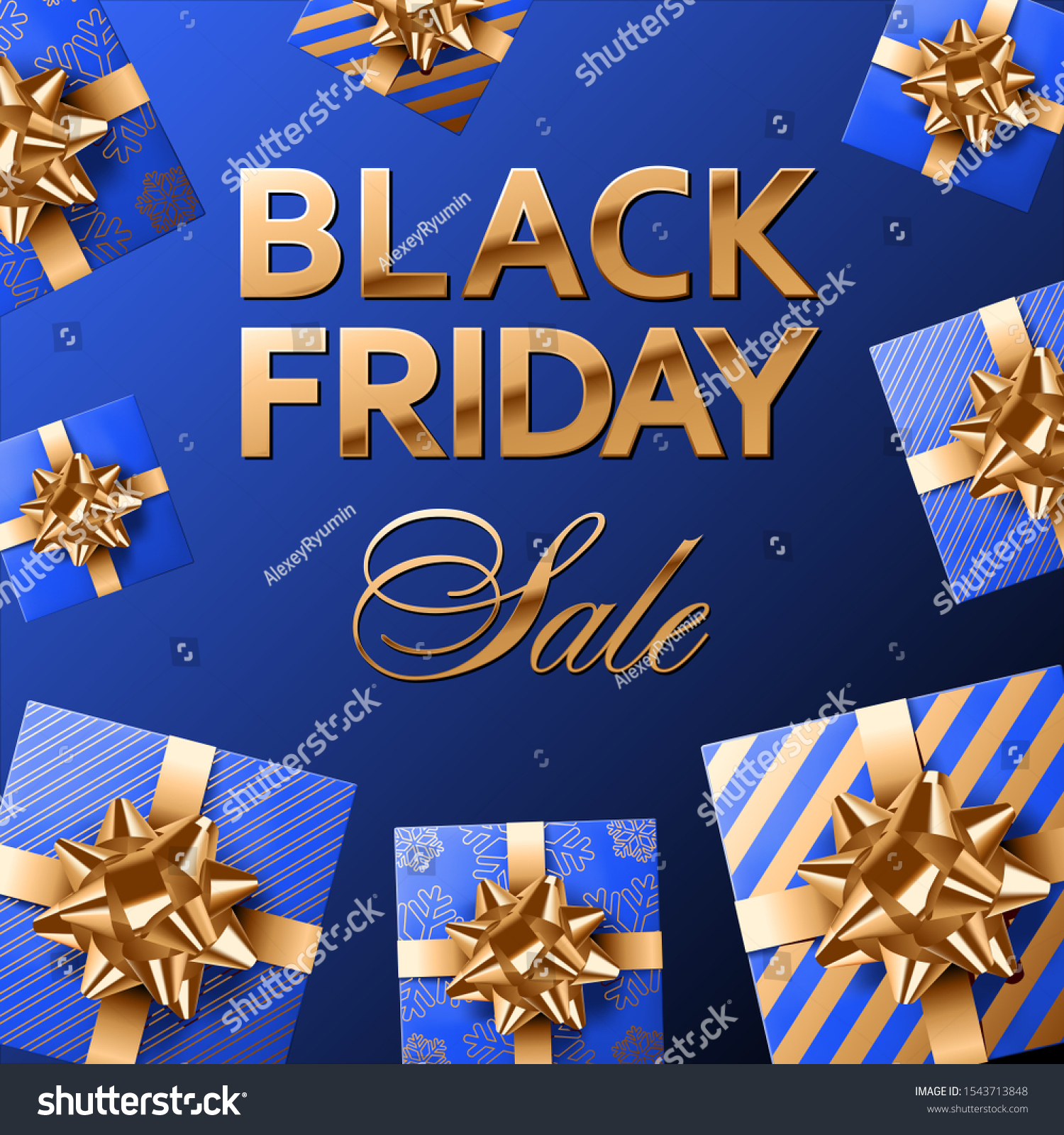 Vector square banner or social media post template. Vector composition with gold and blue covered gifts with shiny golden bows on royal blue gradient background.
